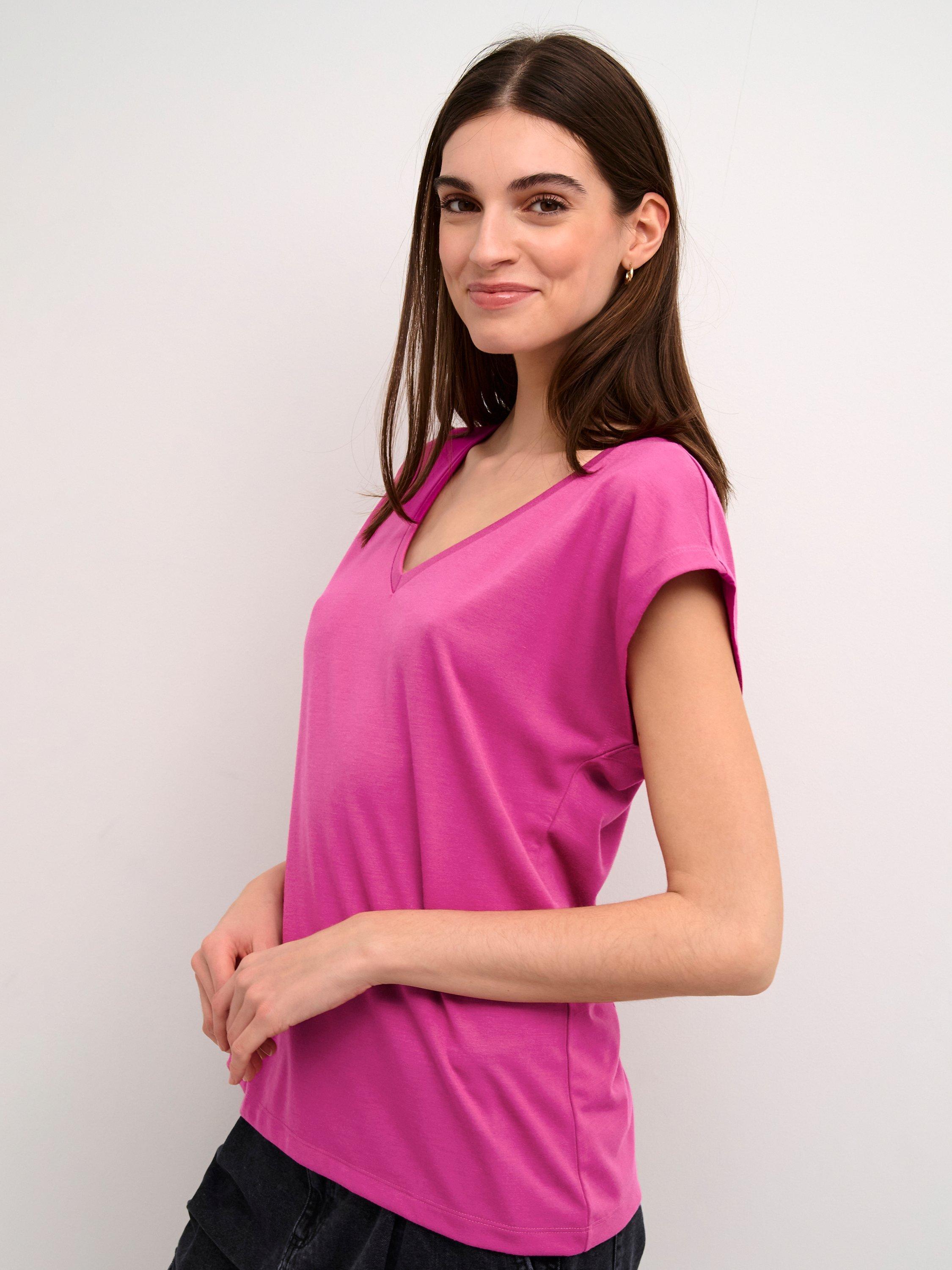 Product image 1 of 6, which shows KAFFE Lise V-Neck T-Shirt, Festival Fuchsia, XS