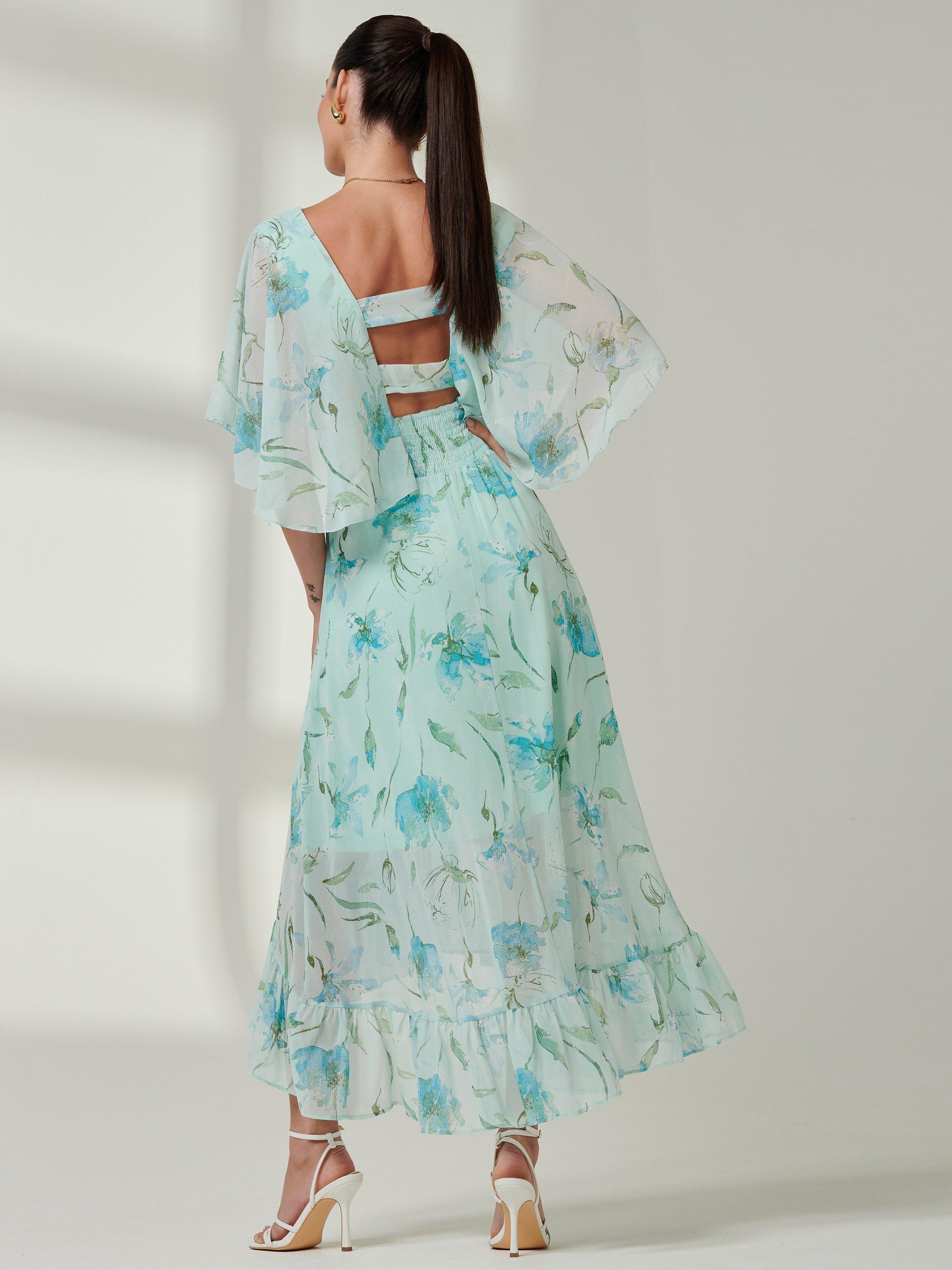 Jolie Moi Frill V-Neck Chiffon Maxi Dress, Multi