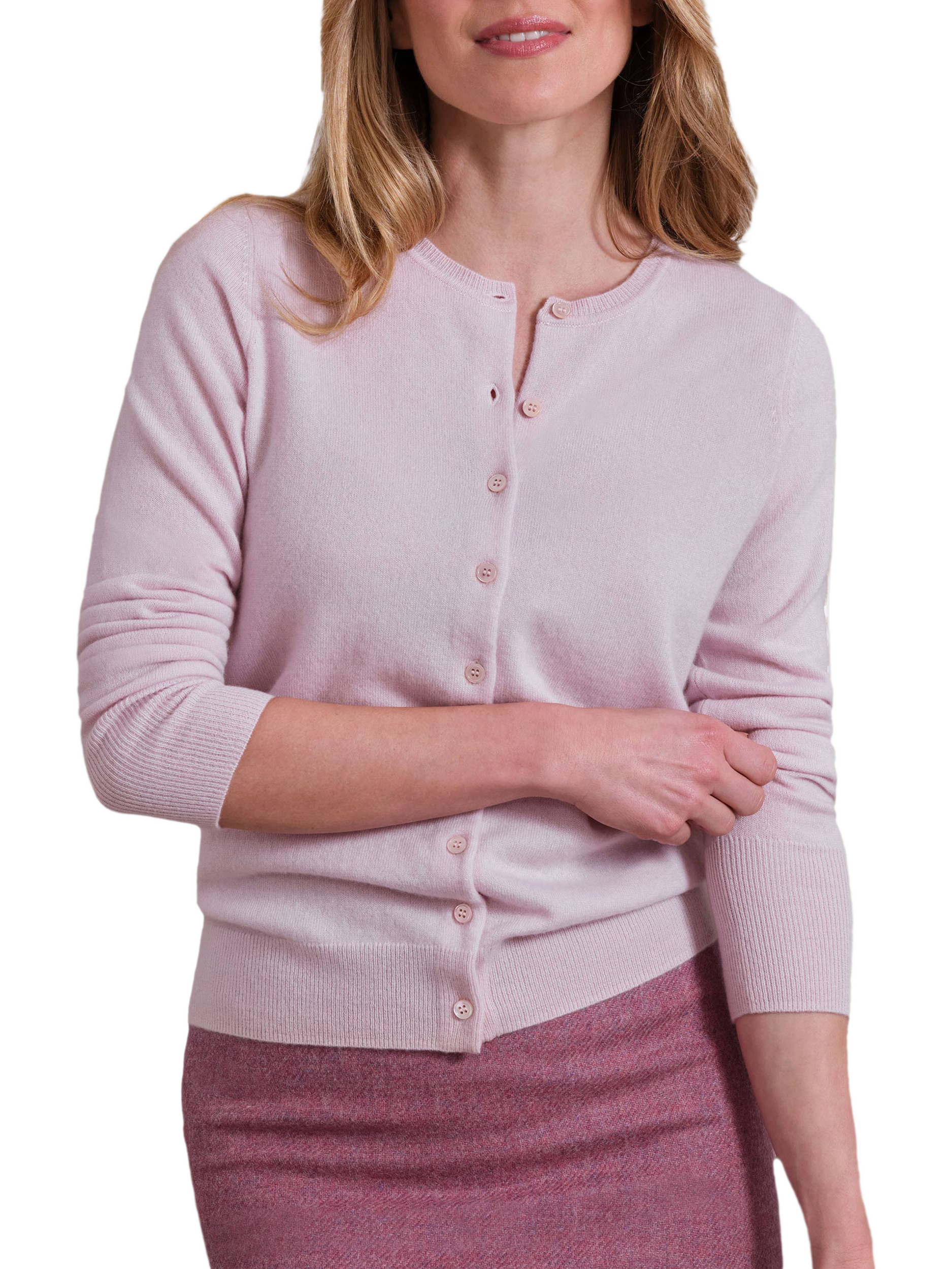 Product image 1 of 3, which shows Pure Collection Crew Neck Cashmere Cardigan, Soft Oyster, 10