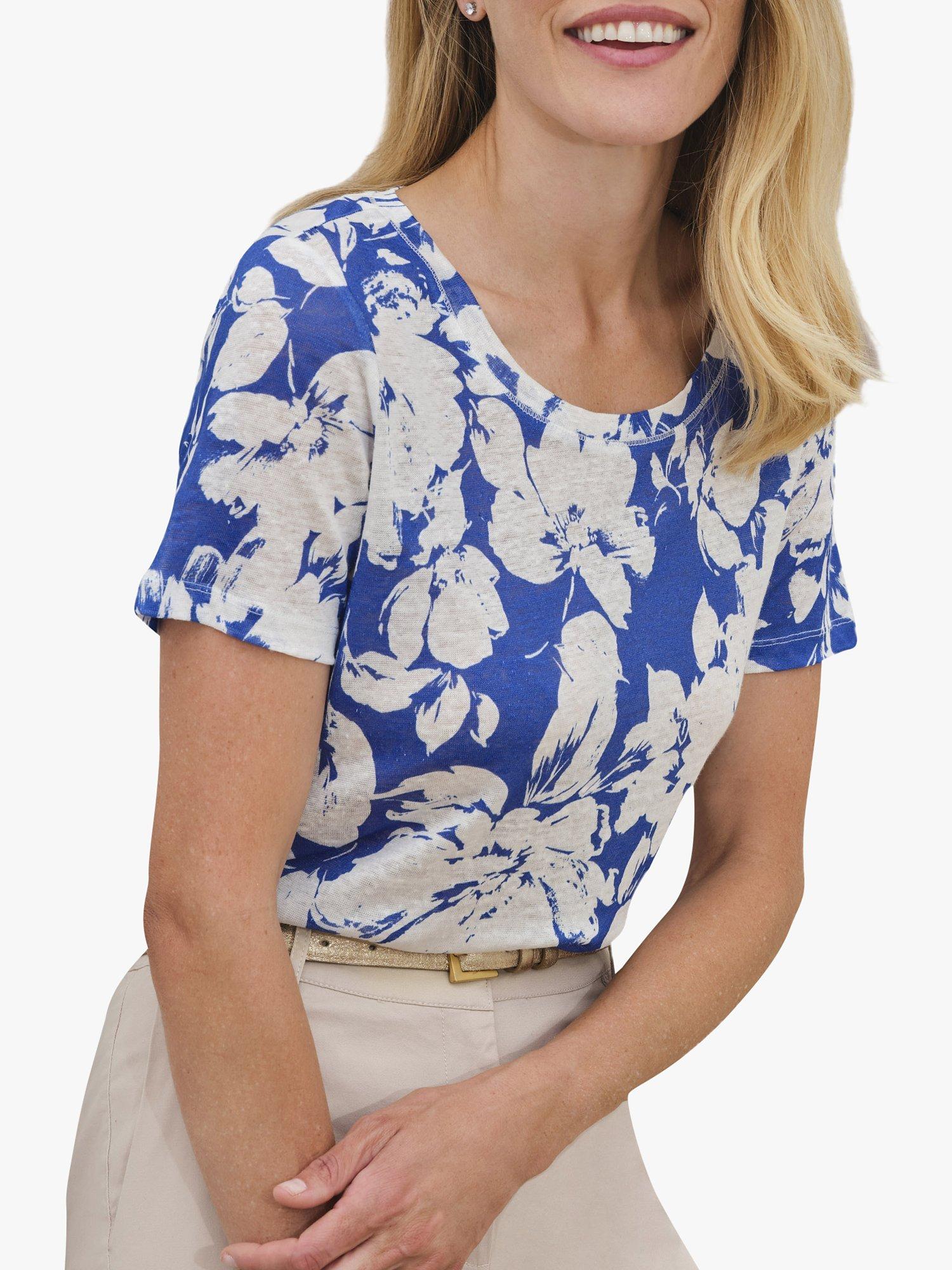 Product image 1 of 3, which shows Pure Collection Floral Linen T-Shirt, Blue Blossom, 10