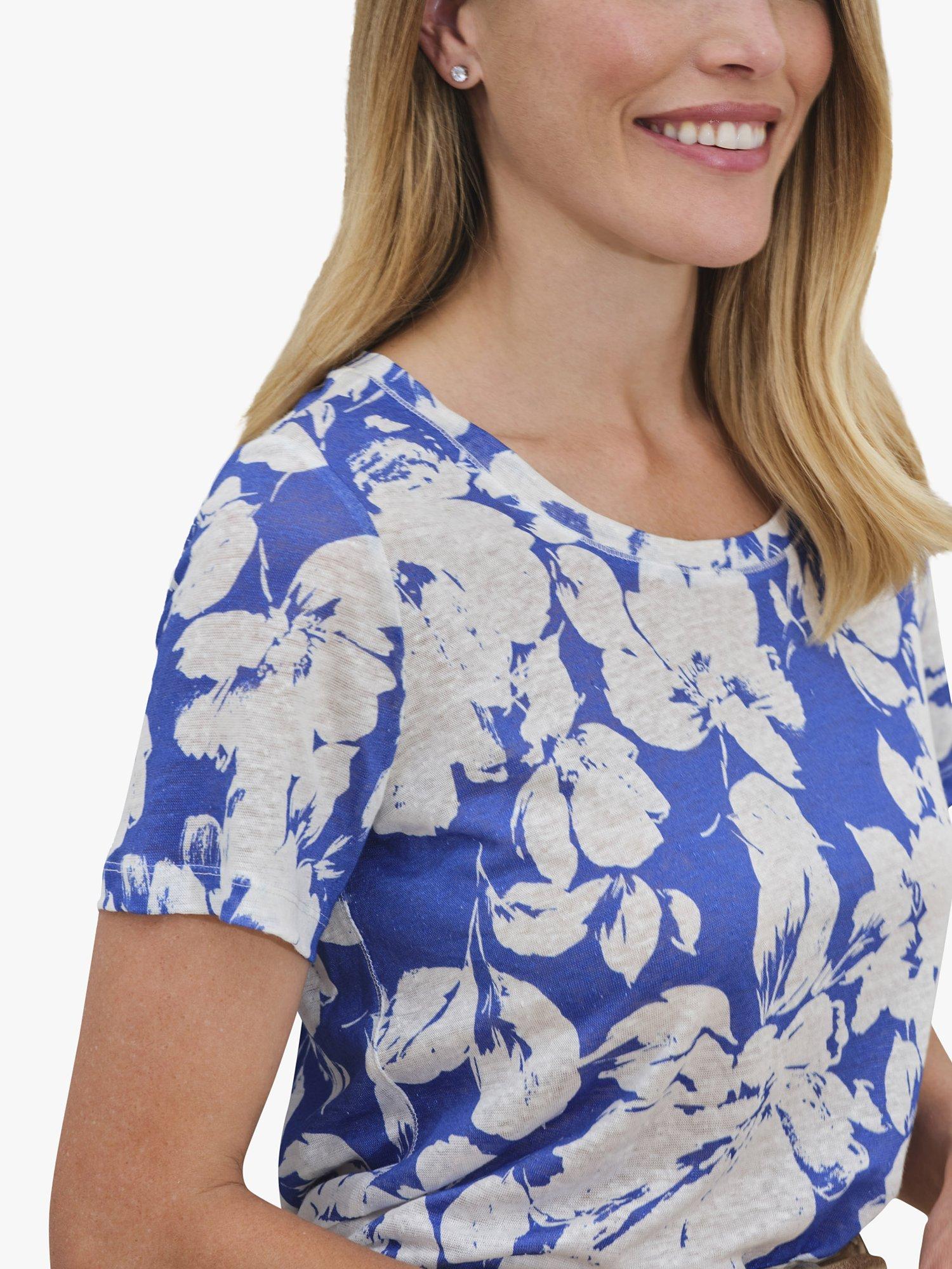 Product image 3 of 3, which shows Pure Collection Floral Linen T-Shirt, Blue Blossom, 10