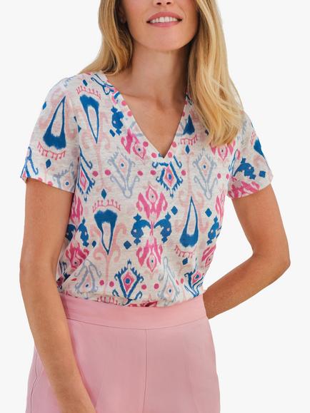 Pure Collection Linen V Neck T-Shirt, Pink/Multi, Pink/Multi