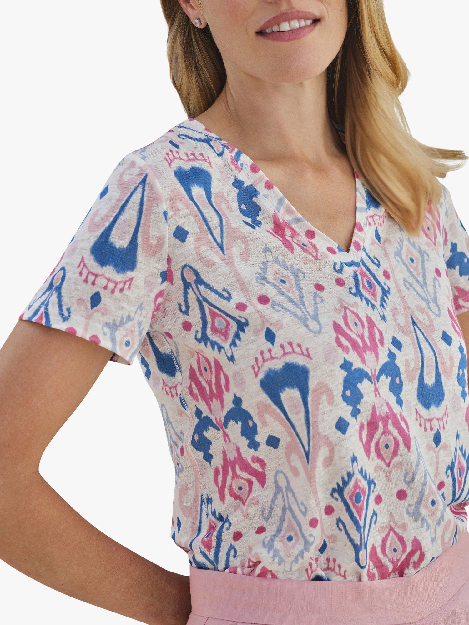 Product image 3 of 3, which shows Pure Collection Linen V Neck T-Shirt, Pink/Multi, 10