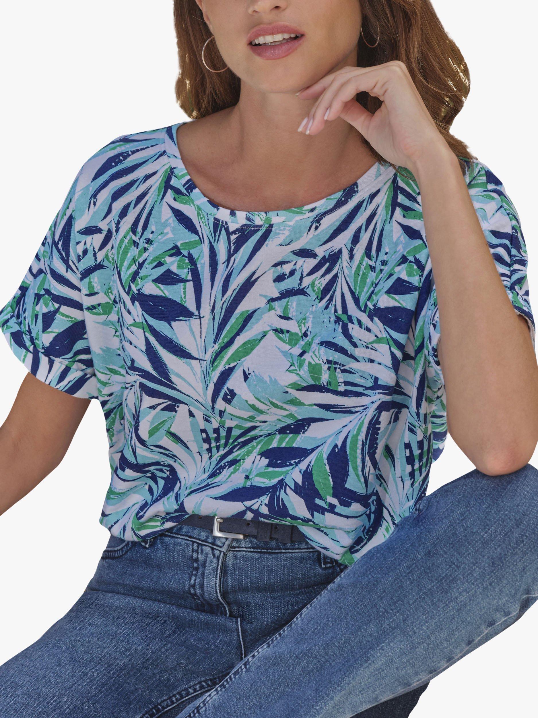 Product image 1 of 3, which shows Pure Collection Leaf Print Jersey Top, Aqua/Multi, 10