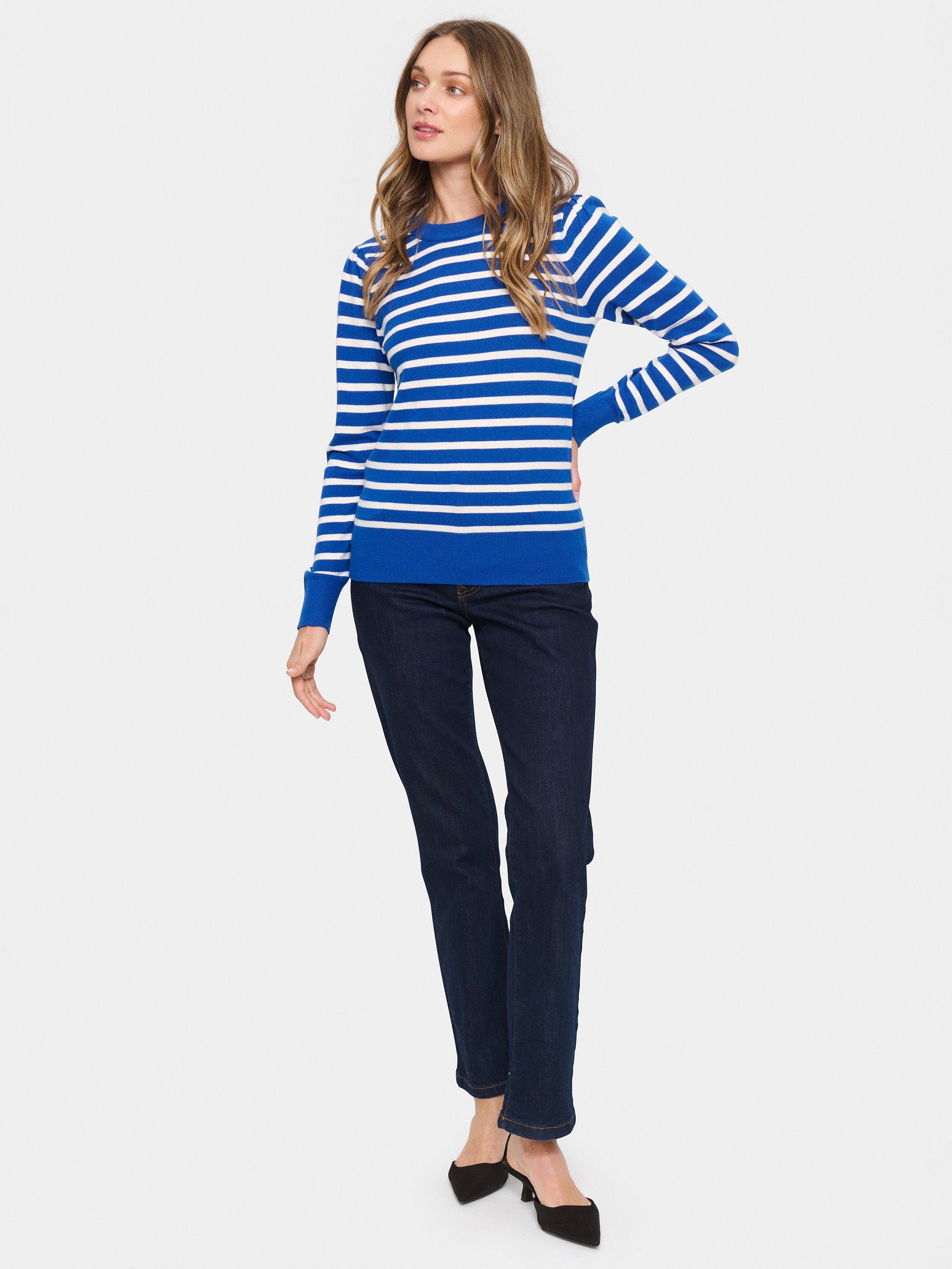Product image 3 of 6, which shows Saint Tropez Fikam Stripe Jumper, Surf Blue/White, XS
