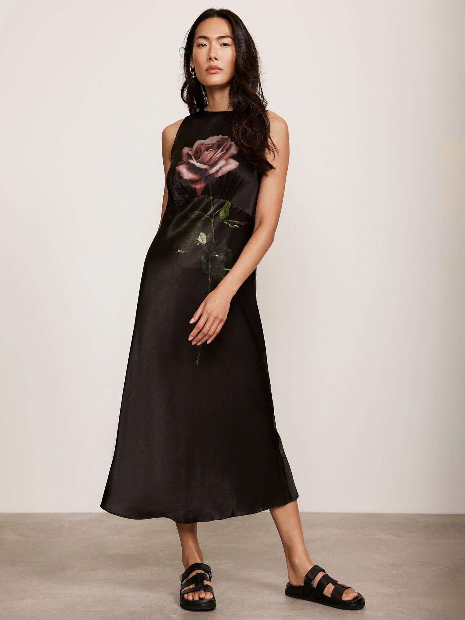 Mint Velvet Floral Print Sleeveless Midi Dress Black Multi