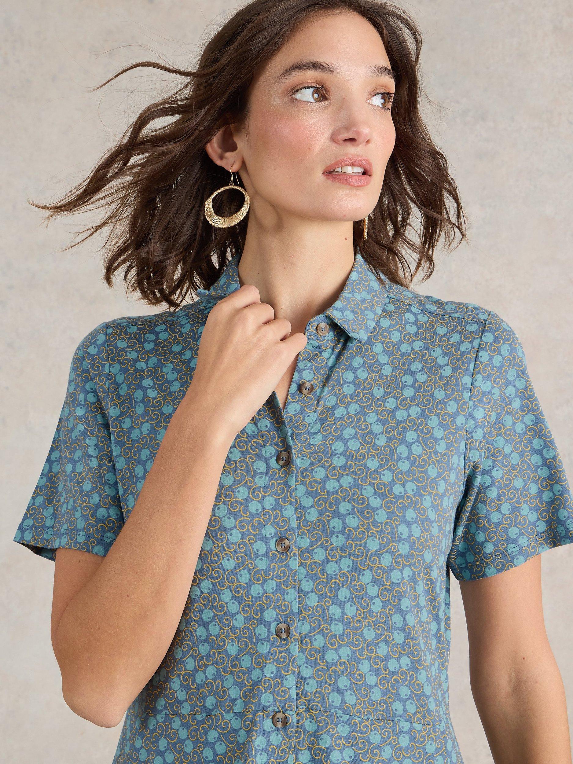 Product image 3 of 6, which shows White Stuff Rua Organic Cotton Blend Shirt Dress, Teal/Multi, 6