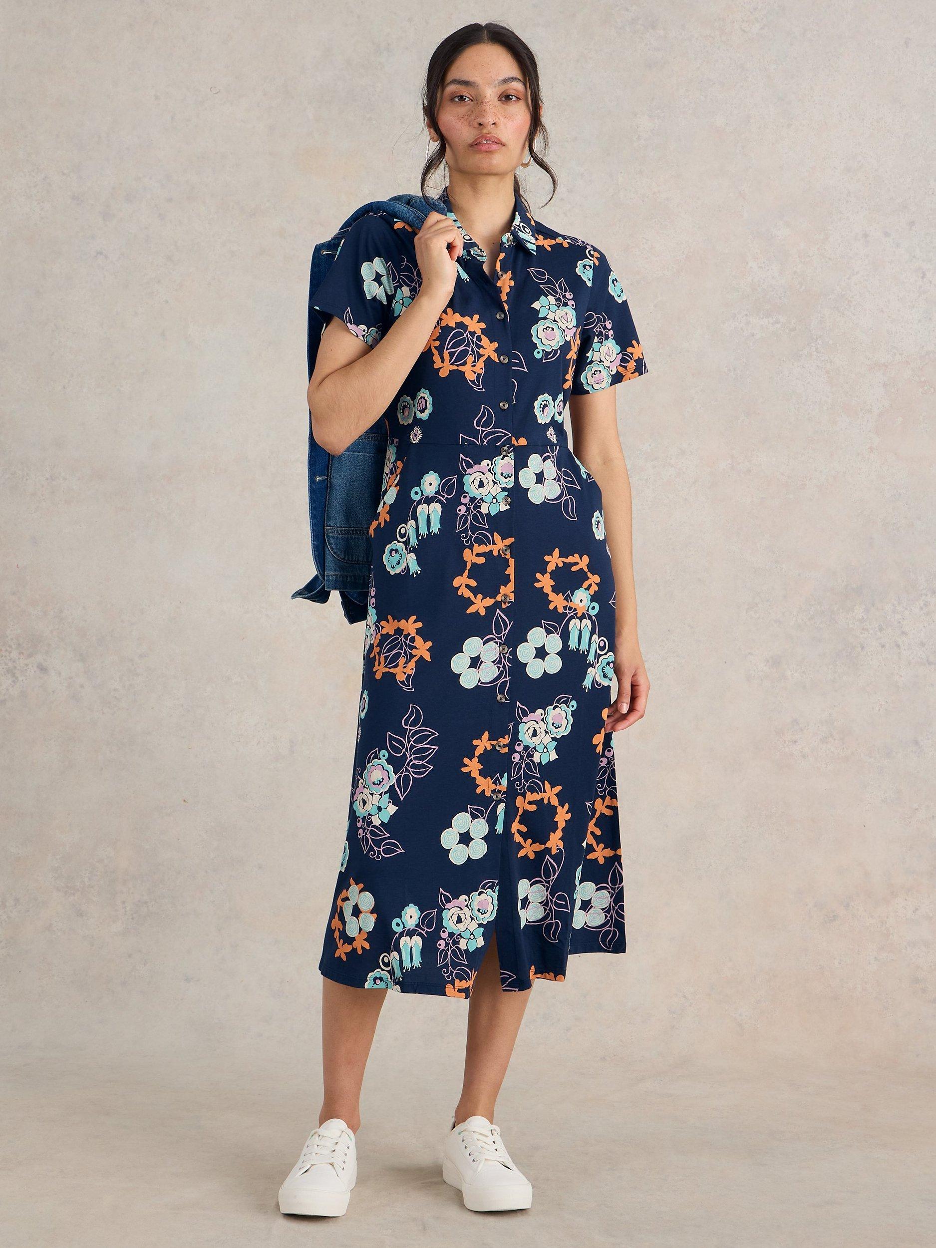 White Stuff Rua Organic Cotton Blend Shirt Midi Dress, Navy/Multi
