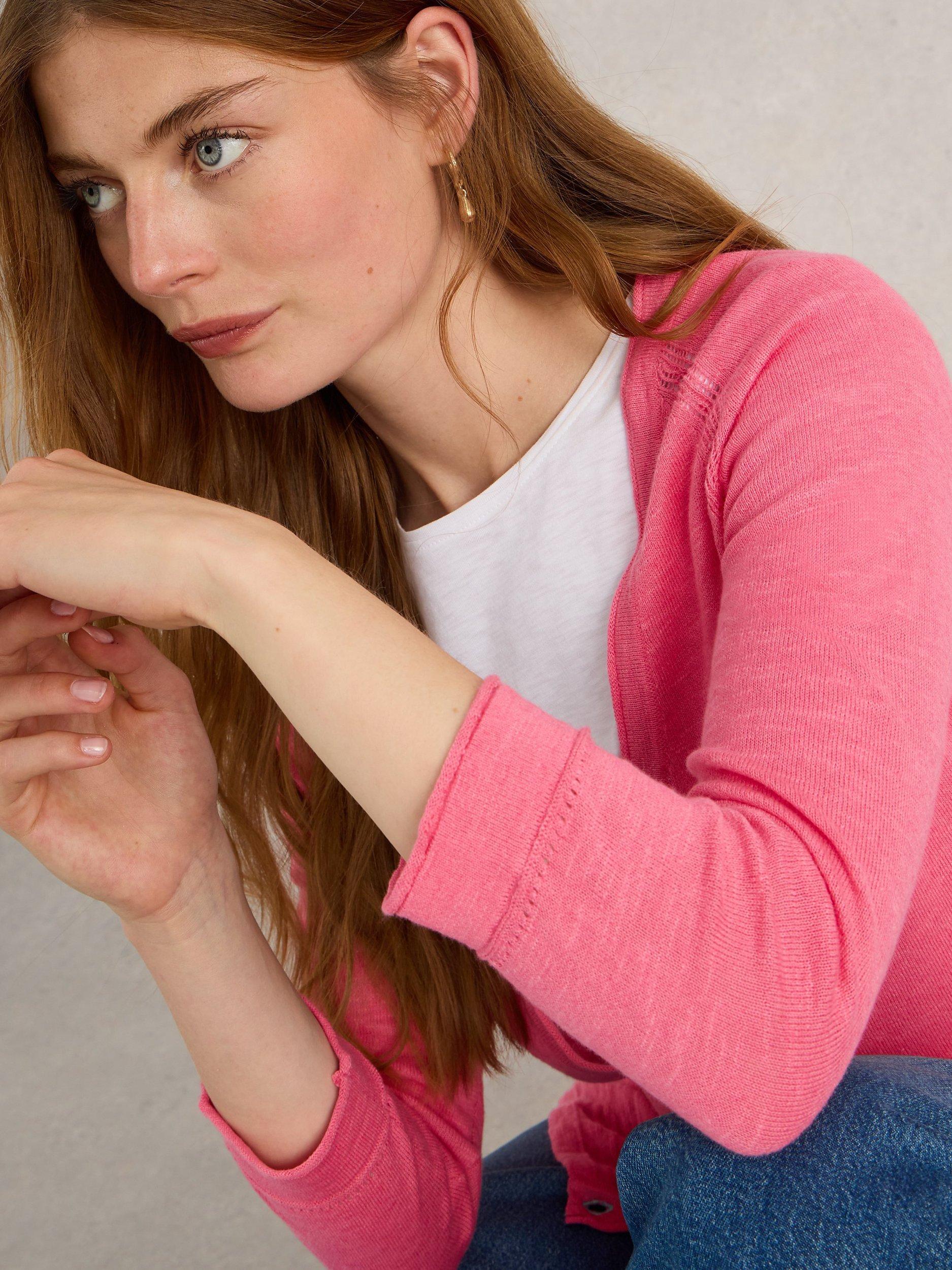 Product image 3 of 6, which shows White Stuff Naria Linen Blend V-Neck Cardigan, Pink, 6