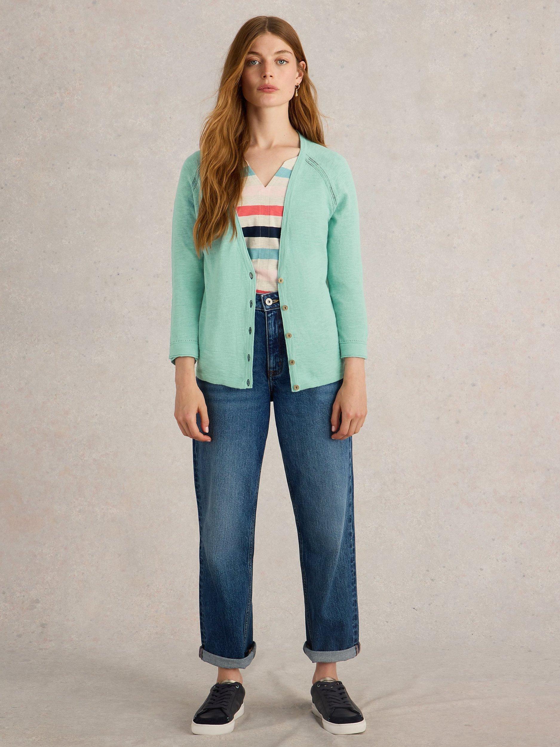Product image 1 of 6, which shows White Stuff Naria Linen Blend V-Neck Cardigan, Mid Blue, 6