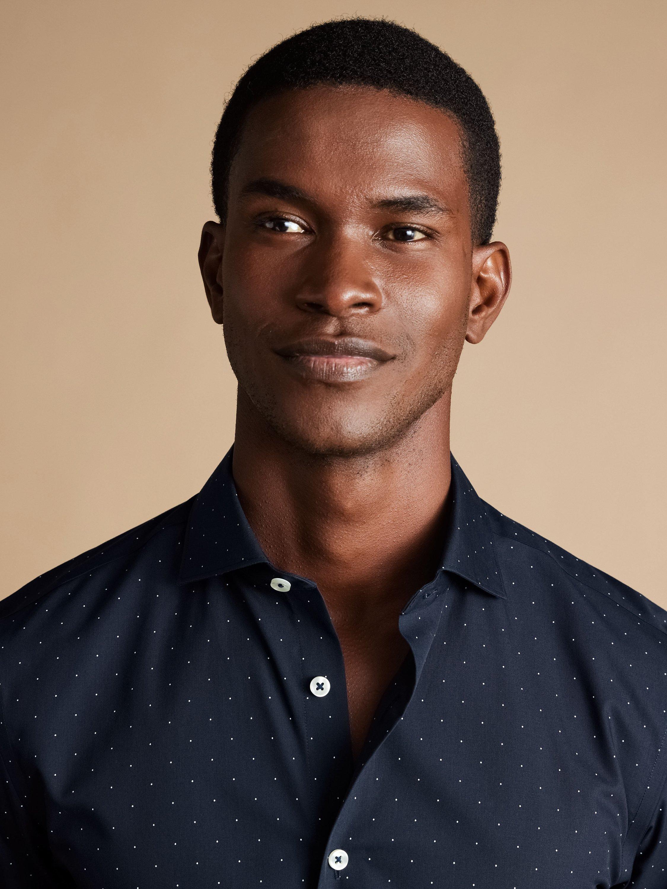 Product image 1 of 6, which shows Charles Tyrwhitt Non-Iron Spot Print Cotton Shirt, Navy, S