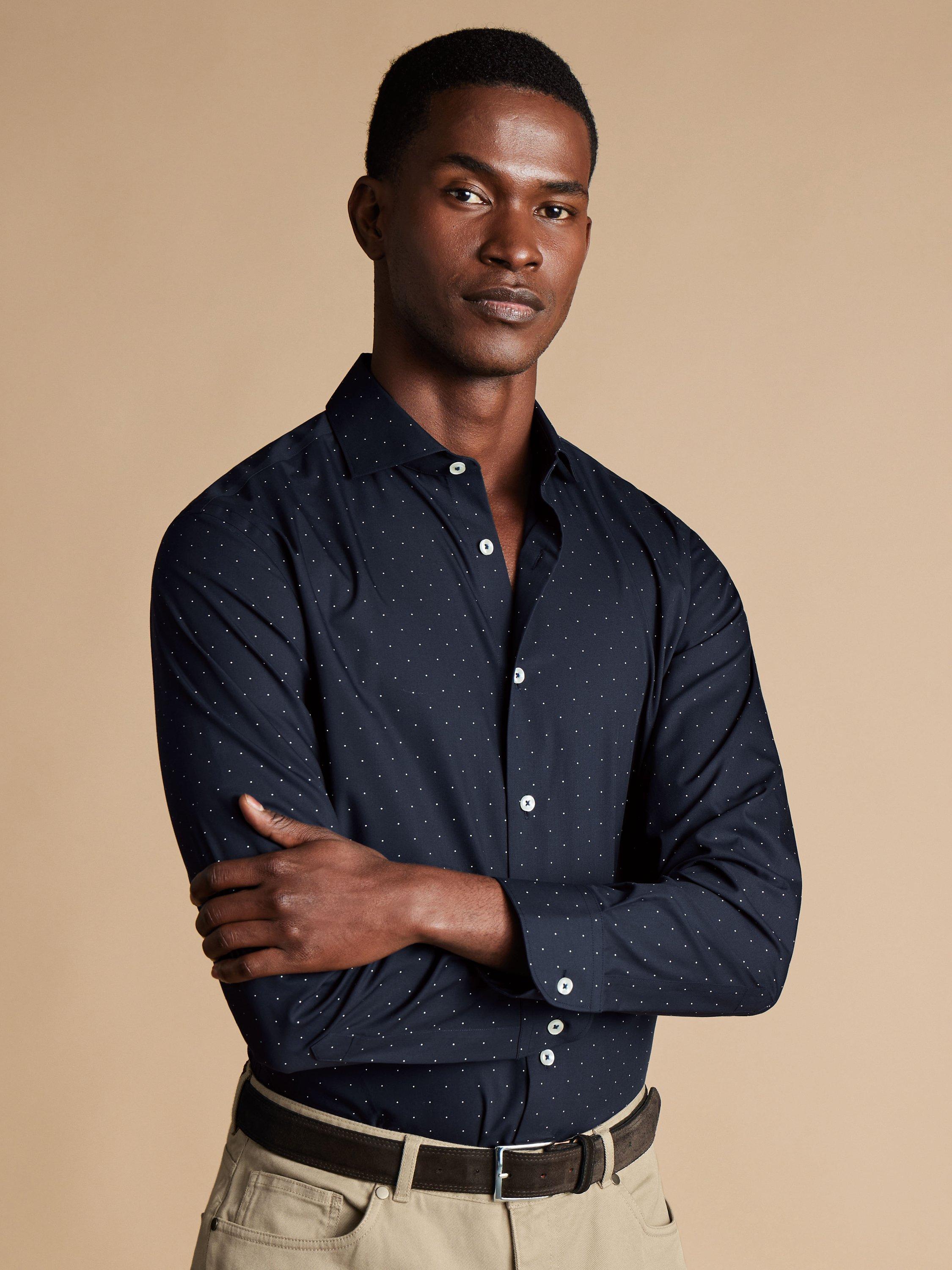 Product image 2 of 6, which shows Charles Tyrwhitt Non-Iron Spot Print Cotton Shirt, Navy, S