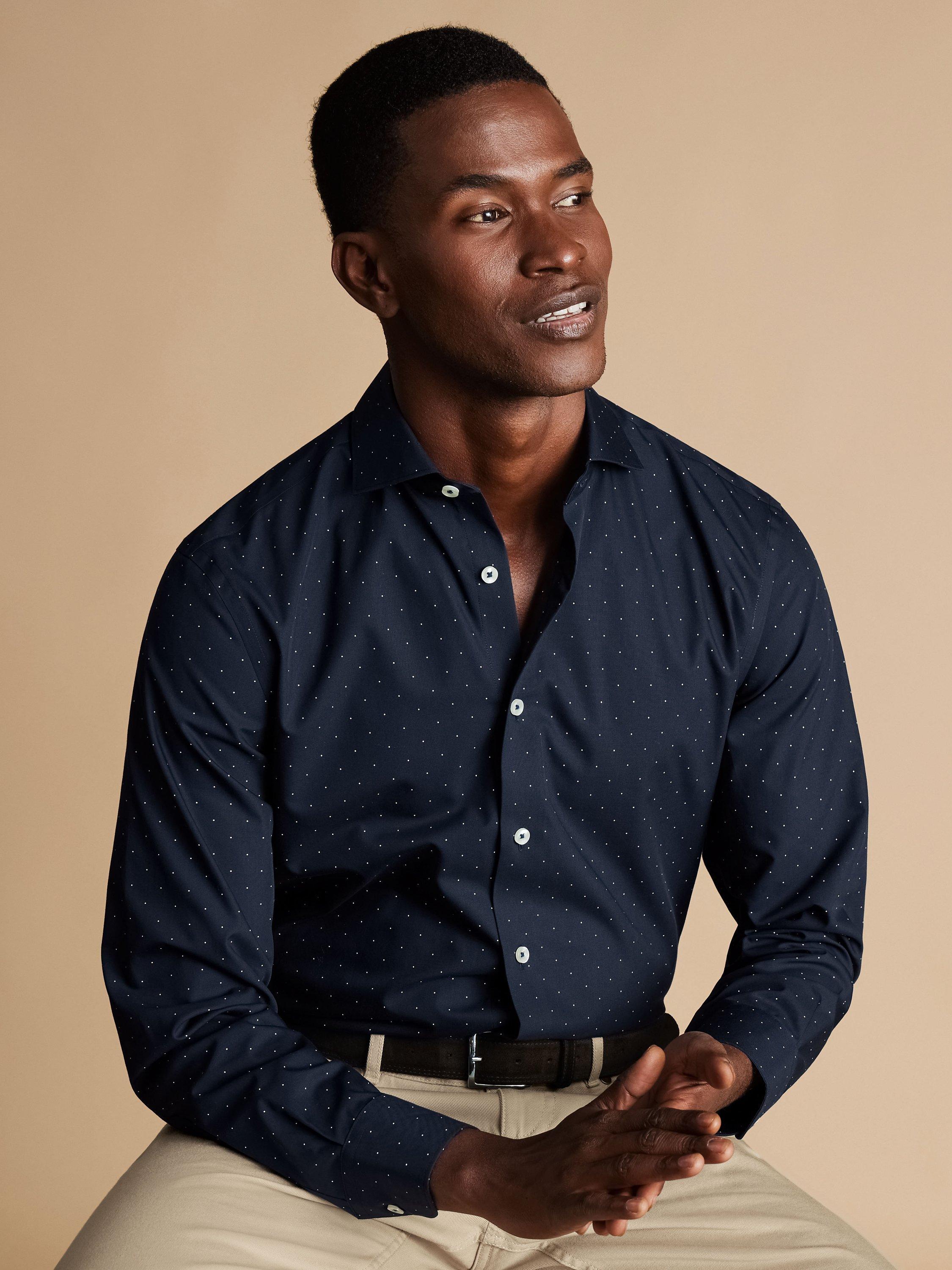 Product image 3 of 6, which shows Charles Tyrwhitt Non-Iron Spot Print Cotton Shirt, Navy, S