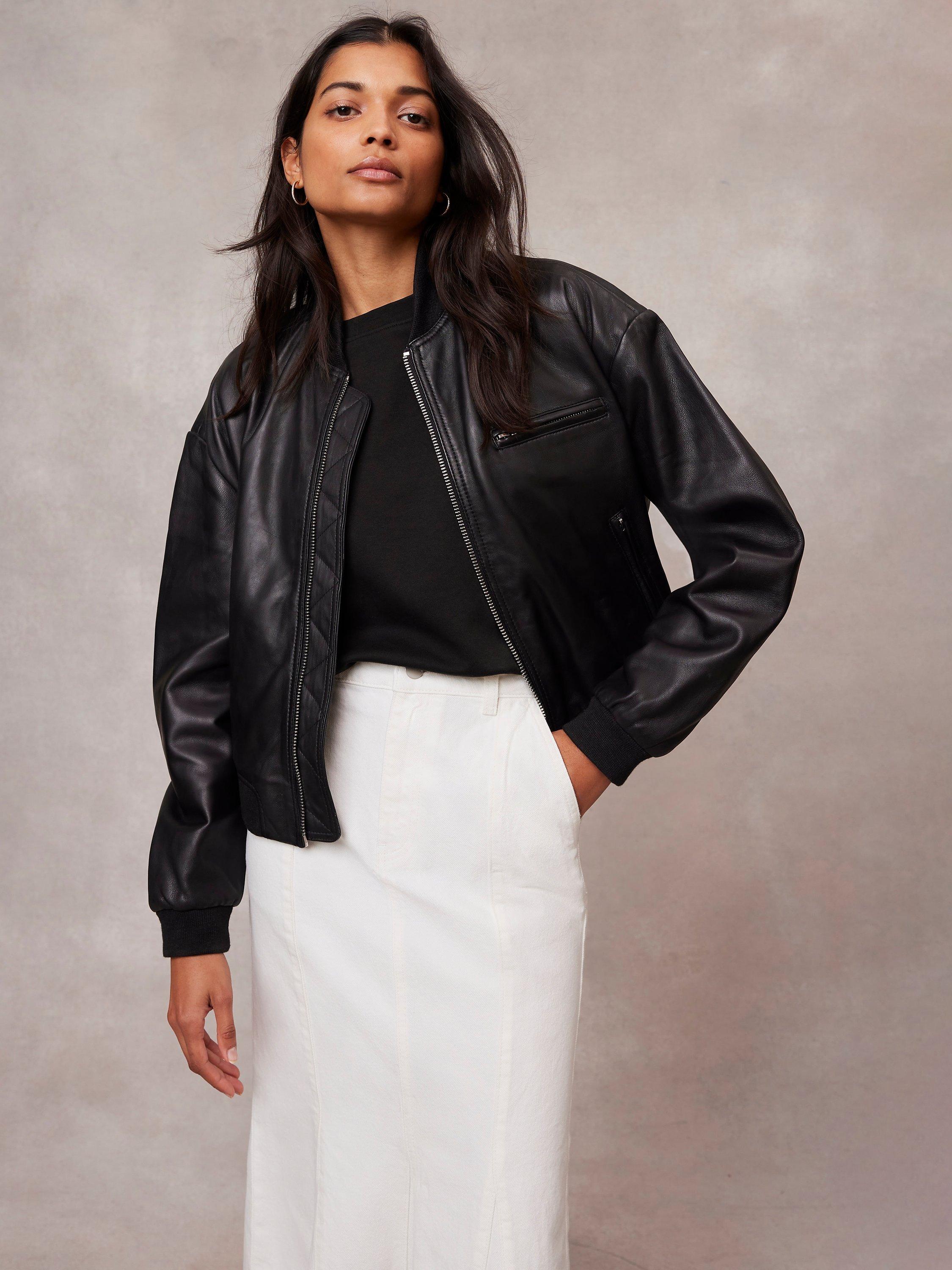 Mint Velvet Leather Bomber Jacket Black