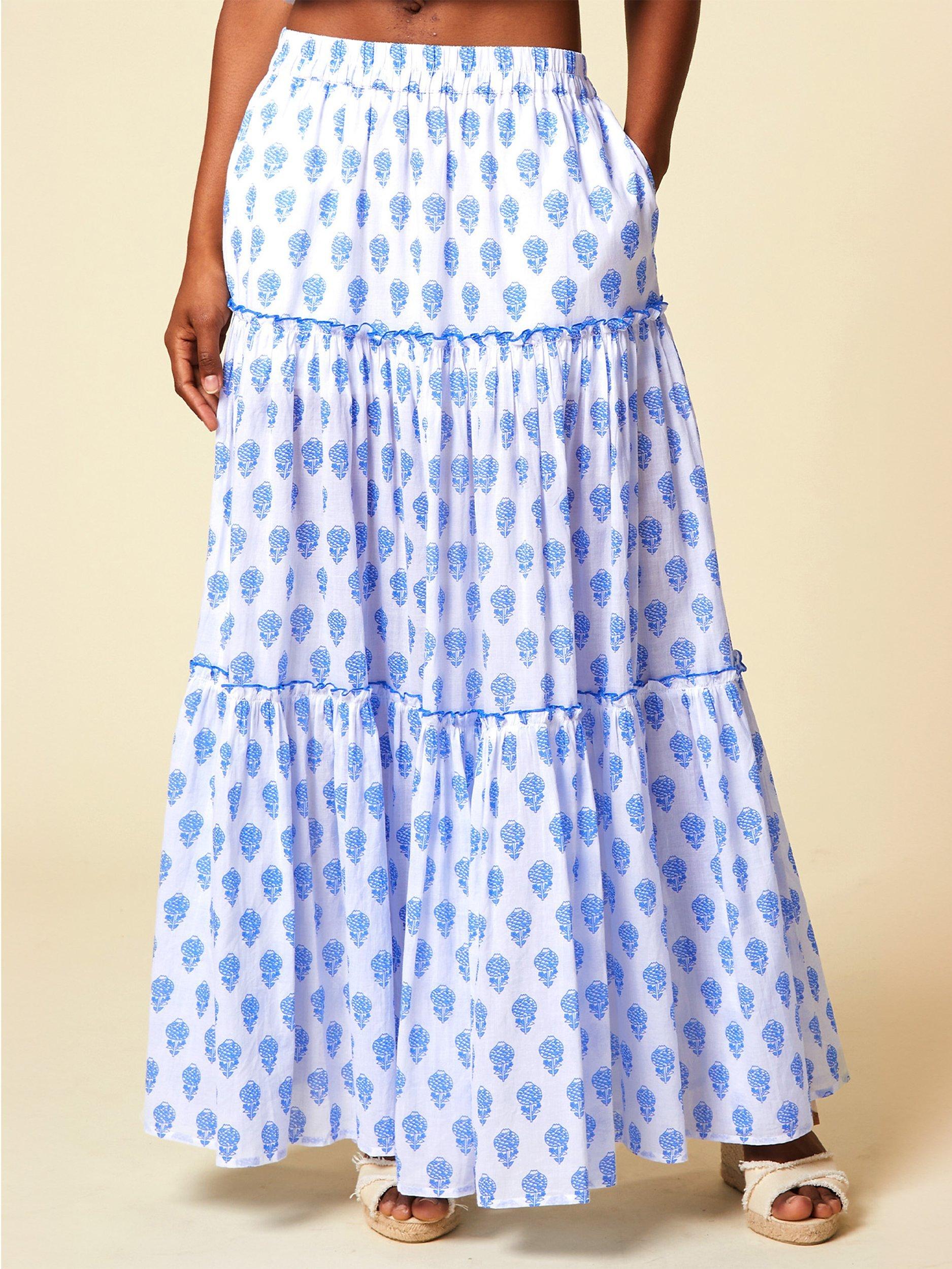 Product image 1 of 4, which shows Aspiga Bea Shells Organic Cotton Maxi Skirt, White/Marine Blue, L