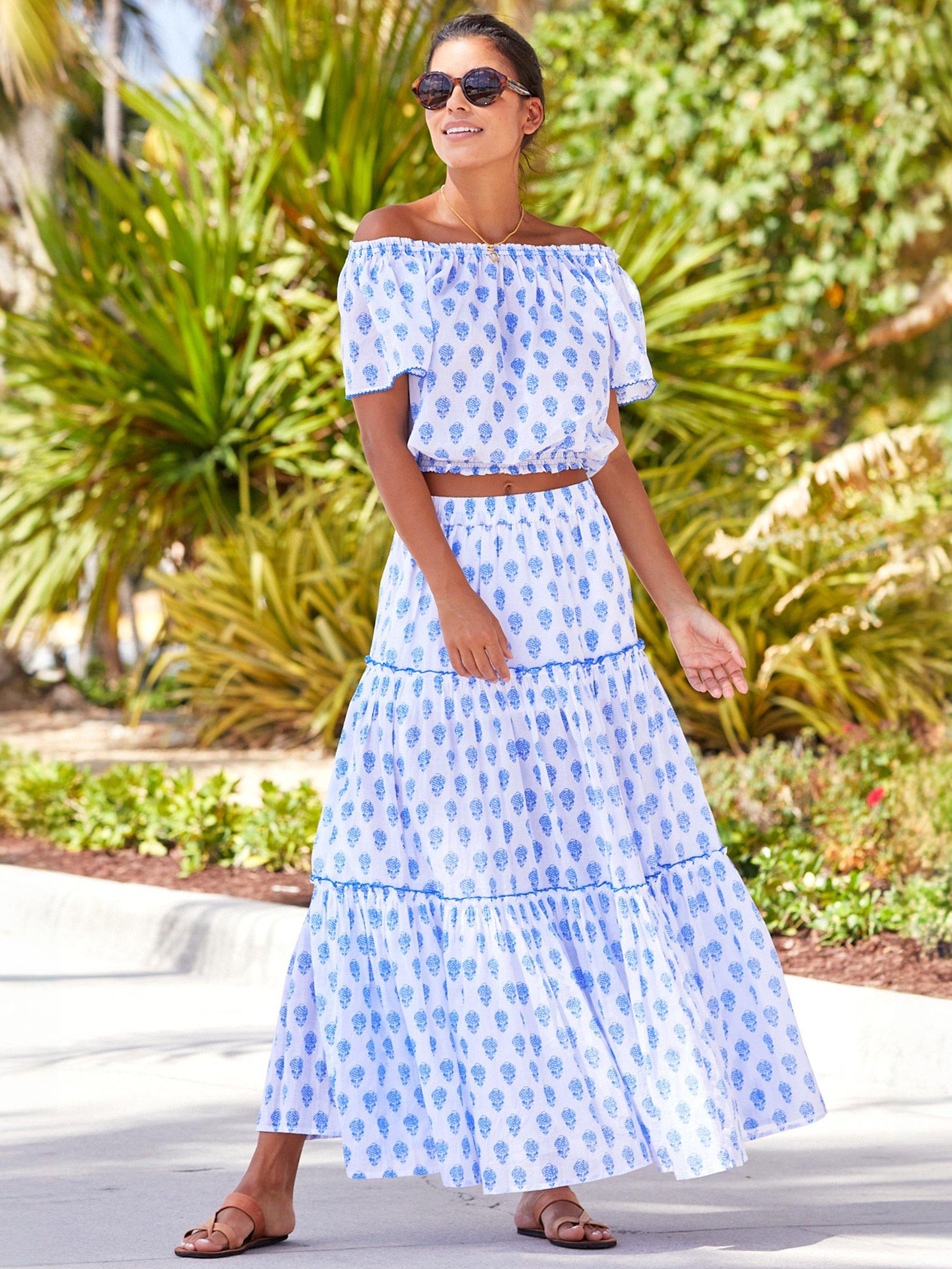 Product image 2 of 4, which shows Aspiga Bea Shells Organic Cotton Maxi Skirt, White/Marine Blue, L