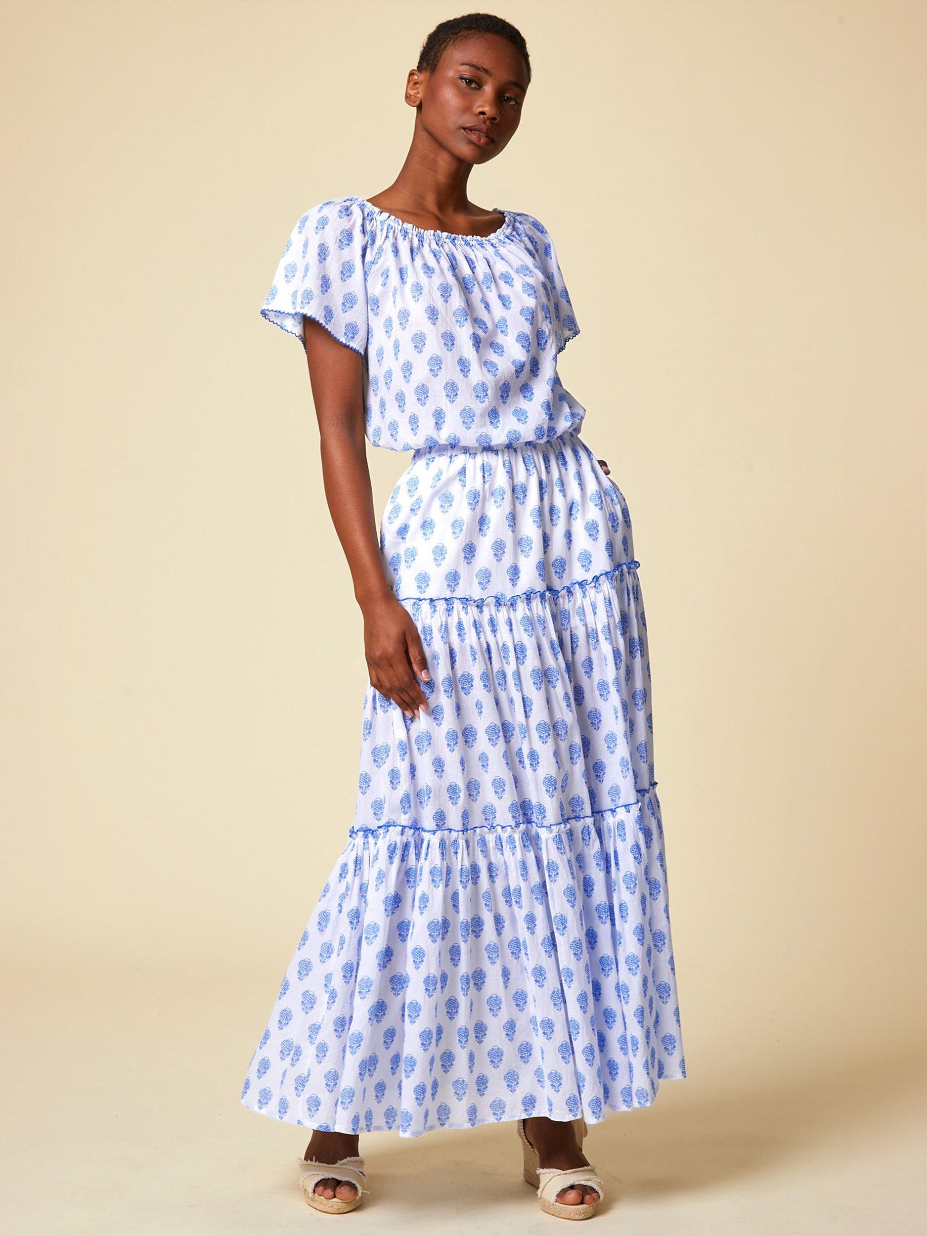 Product image 3 of 4, which shows Aspiga Bea Shells Organic Cotton Maxi Skirt, White/Marine Blue, L