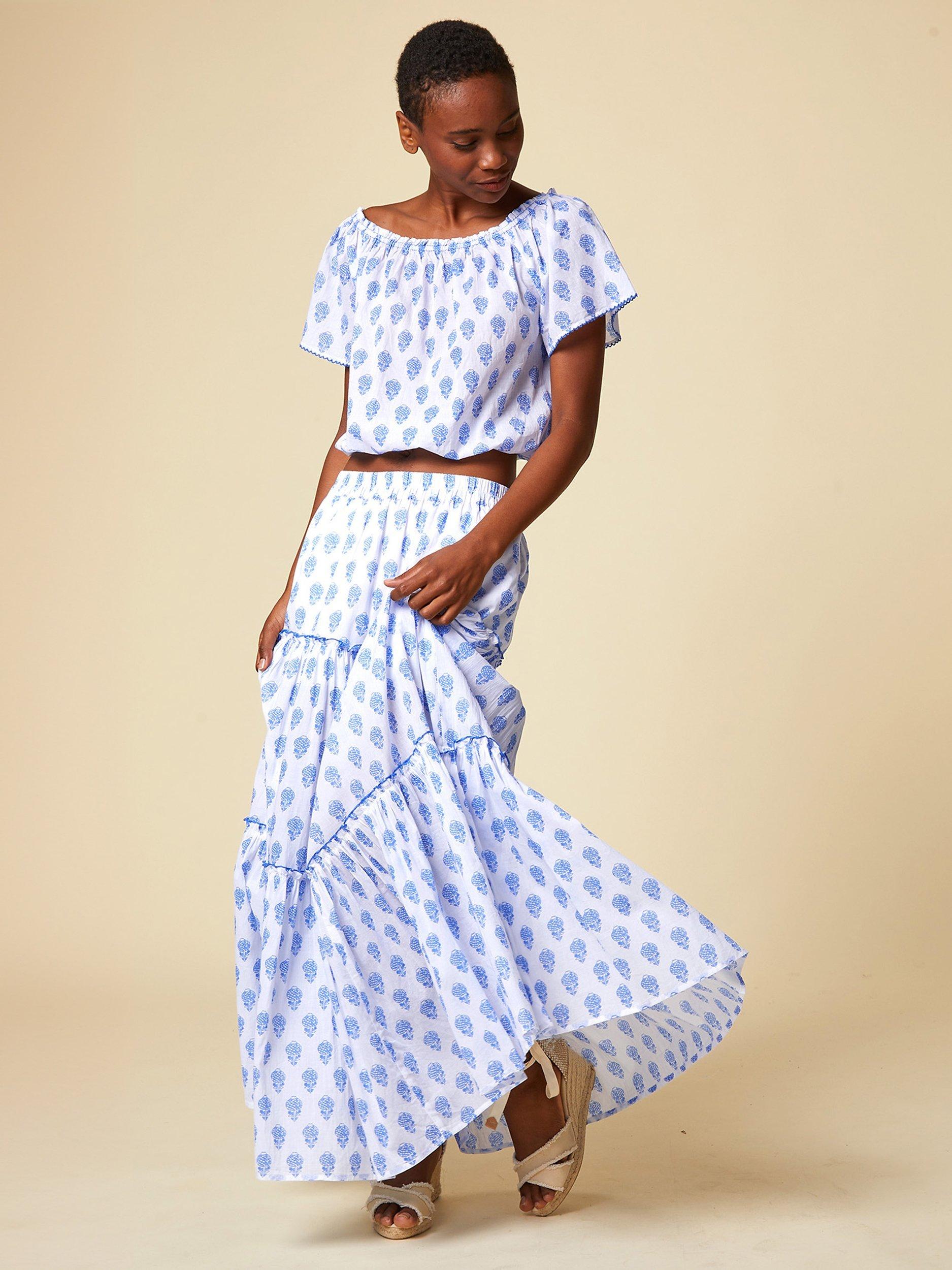 Product image 4 of 4, which shows Aspiga Bea Shells Organic Cotton Maxi Skirt, White/Marine Blue, L