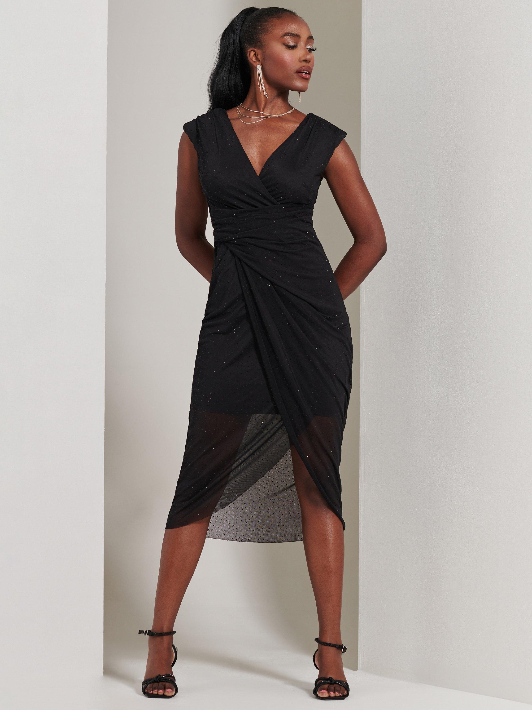 Product image 5 of 6, which shows Jolie Moi Embellished Ruched Mesh Midi Dress, Black, 8