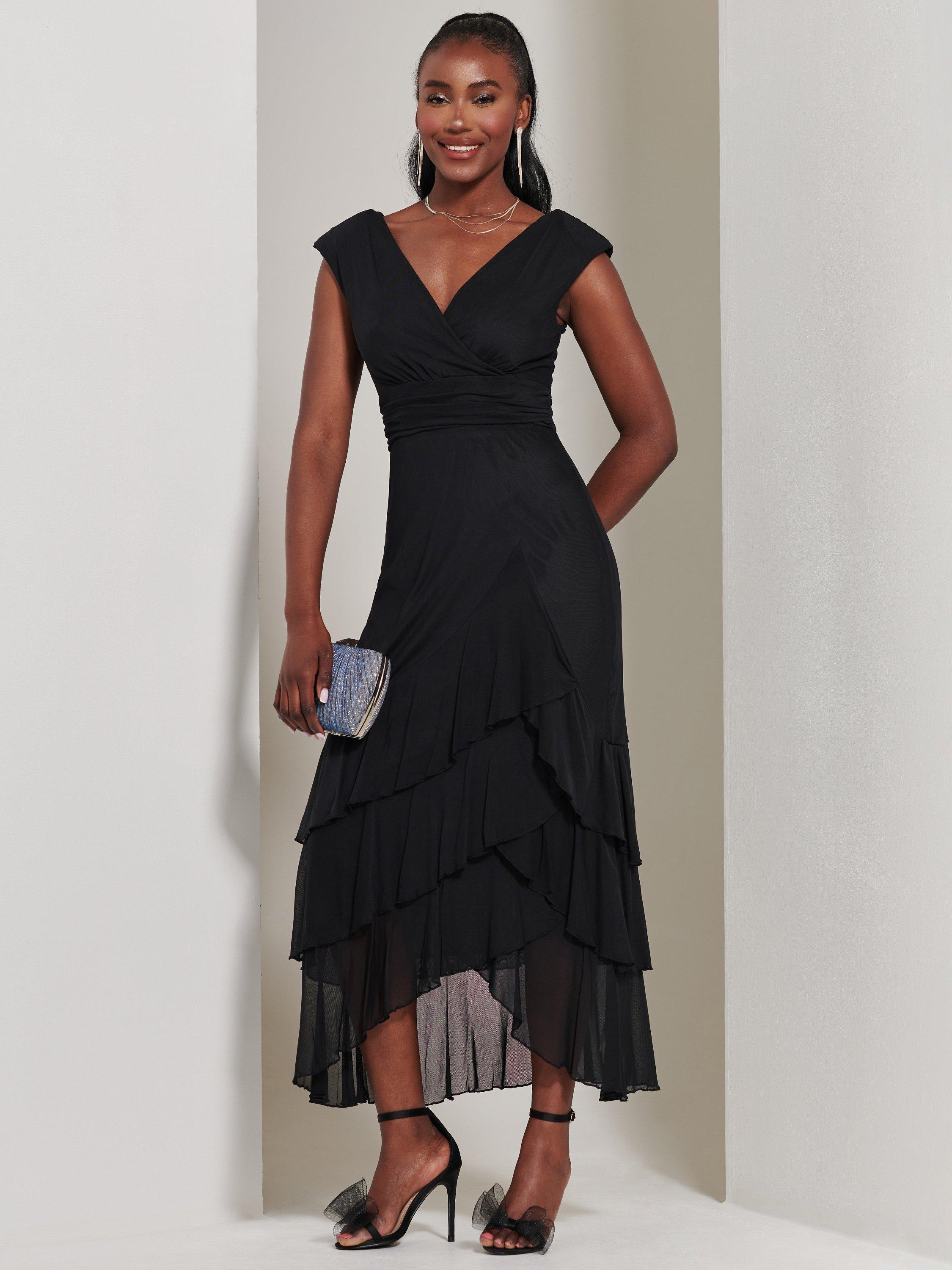 Jolie Moi Wrap Bodice Mesh Frill Maxi Dress, Black