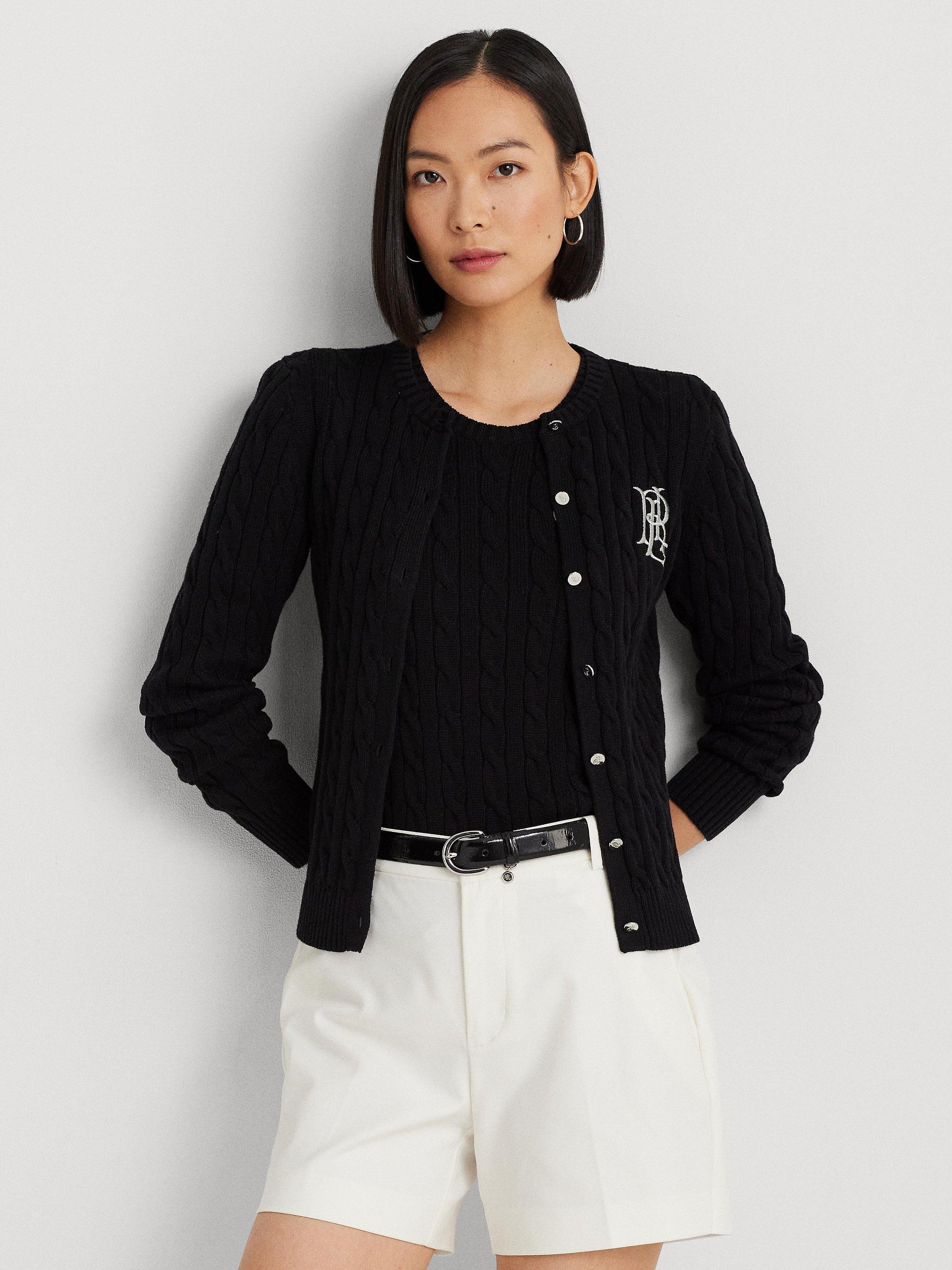 Product image 1 of 5, which shows Lauren Ralph Lauren Ralhan Cotton Cable Knit Cardigan, Black, XS