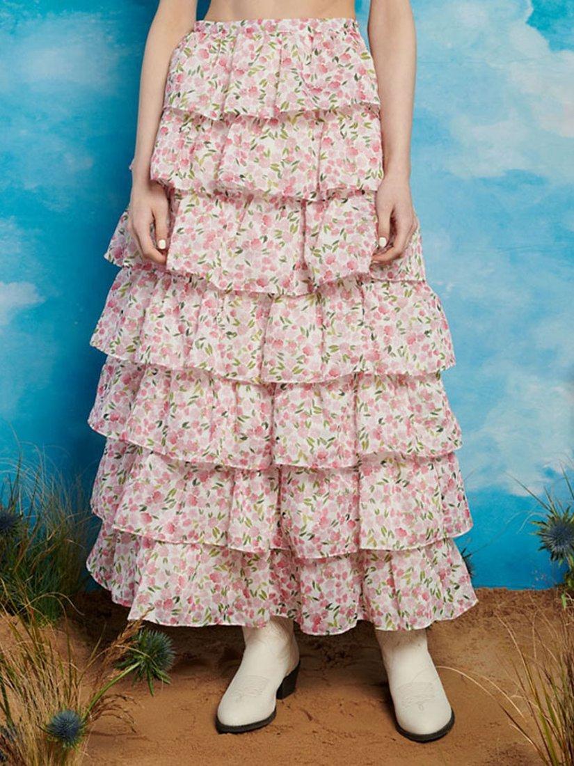 Sister Jane Wild Hearts Tiered Midi Skirt, White/Multi