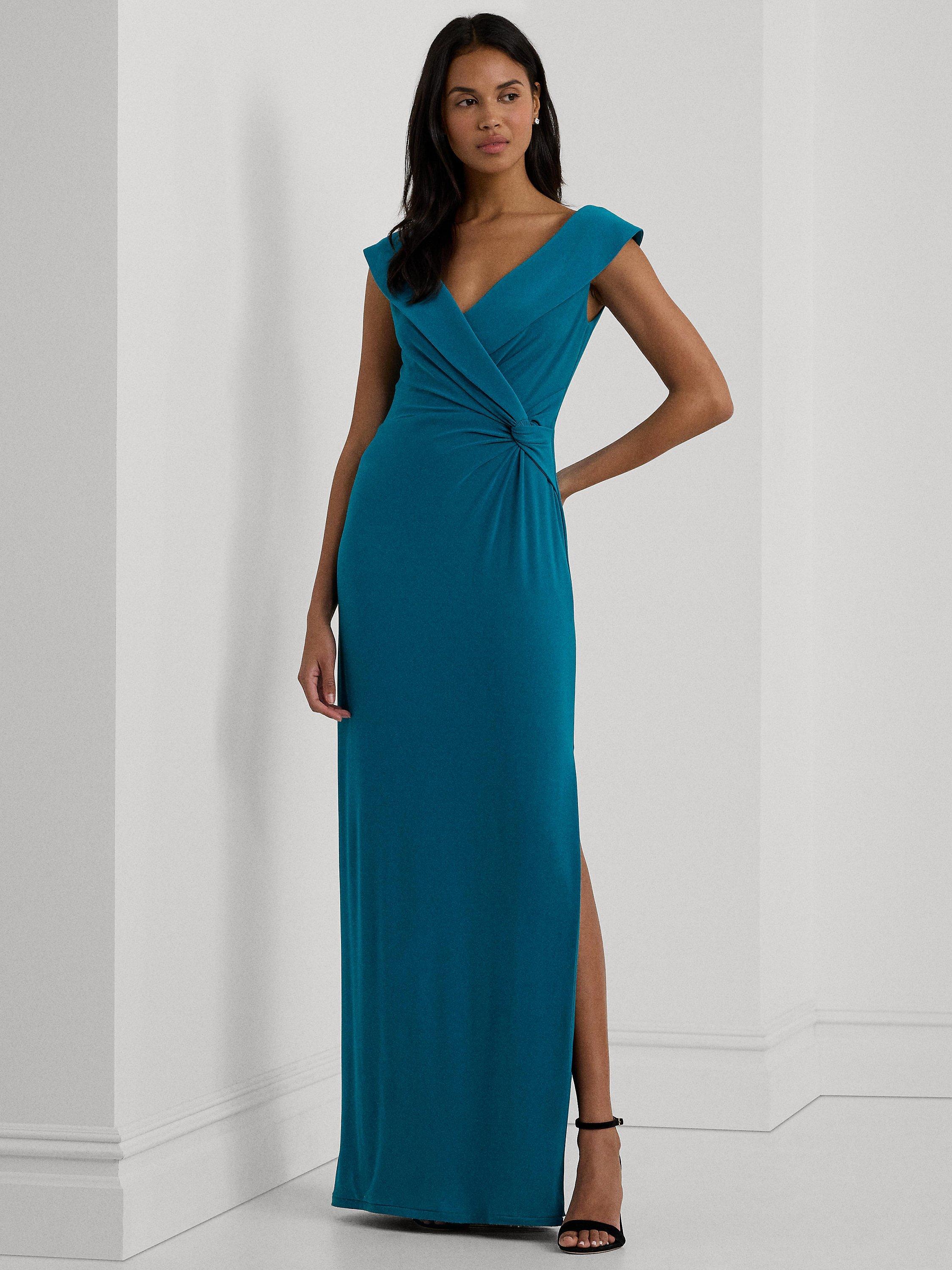 Product image 1 of 5, which shows Lauren Ralph Lauren Leonidas Floor Length Column Gown, Turquoise Sky, 6