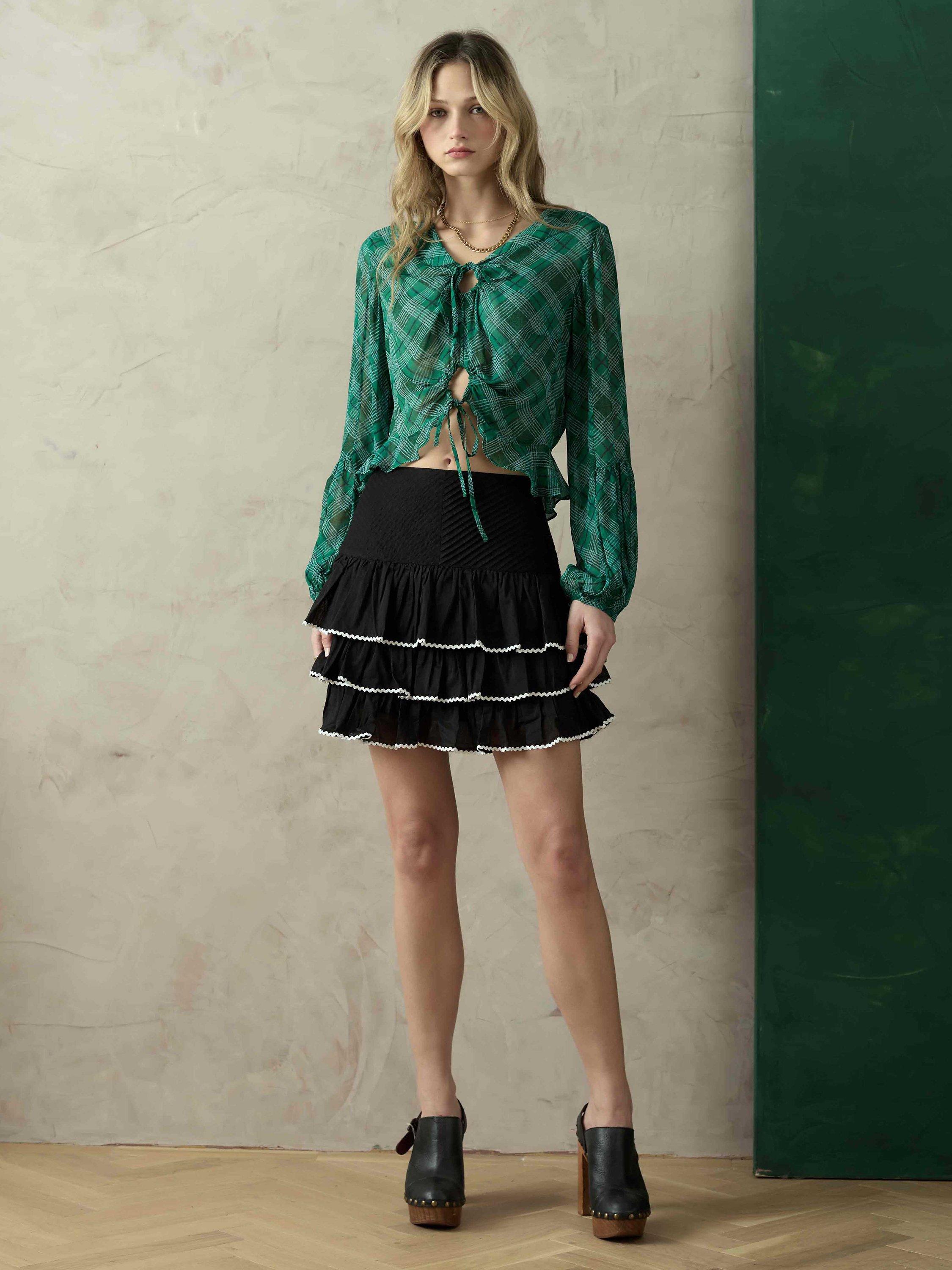 Brora Check Keyhole Top, Emerald