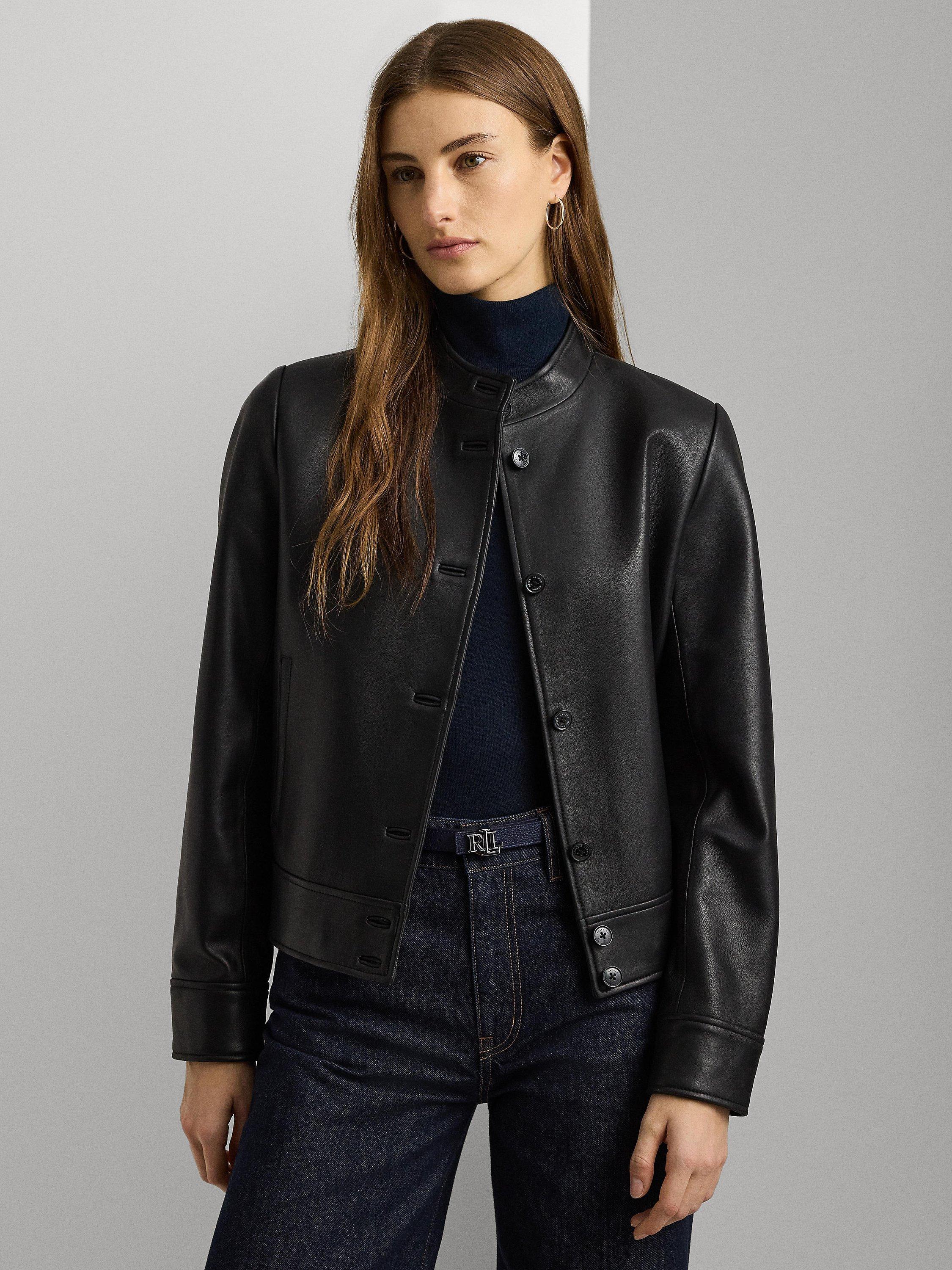 Lauren Ralph Lauren Mock Neck Leather Jacket Black