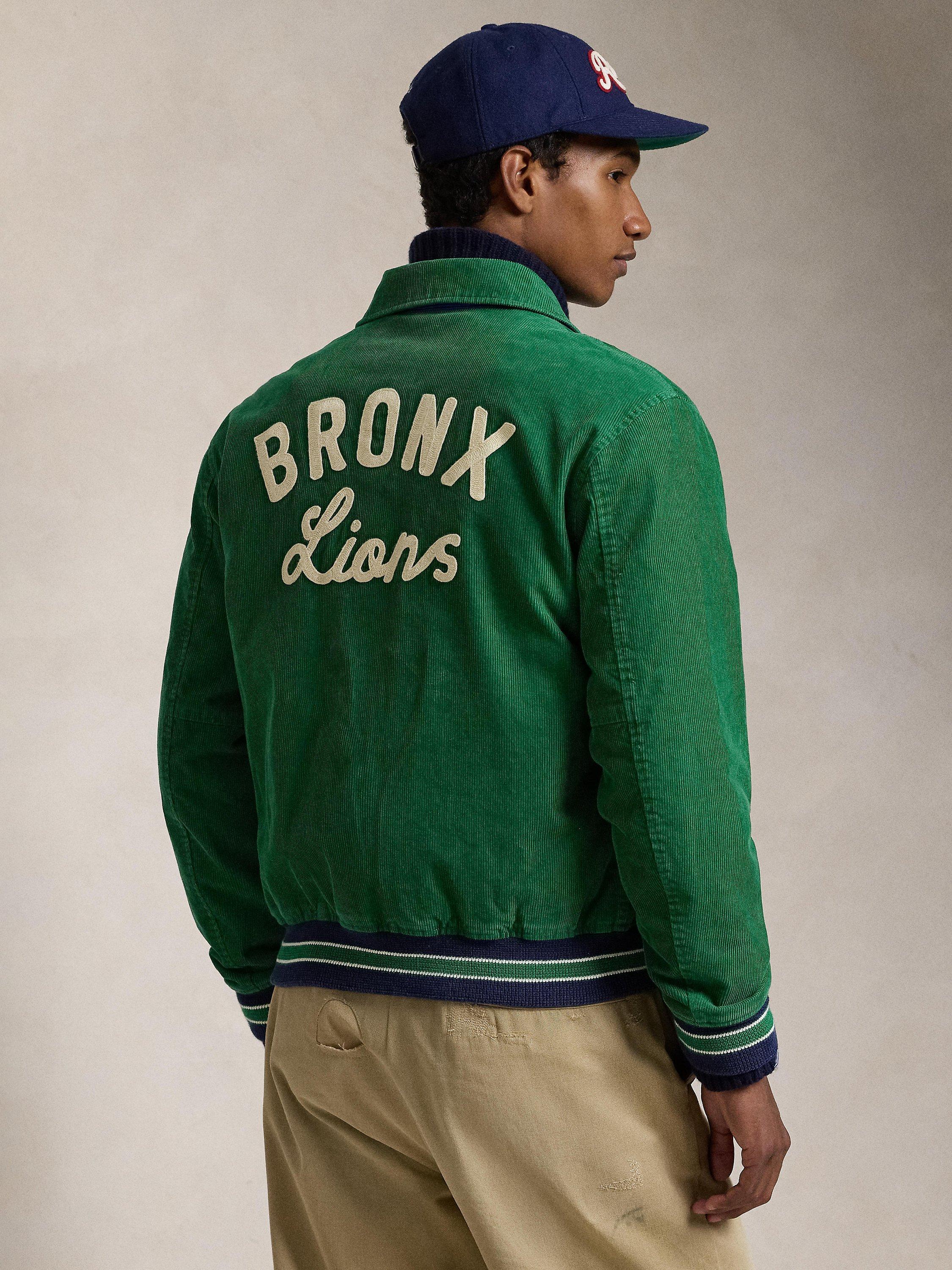 Product image 4 of 7, which shows Ralph Lauren Reversible Satin & Corduroy Varsity Bomber Jacket, Green/Blue, S