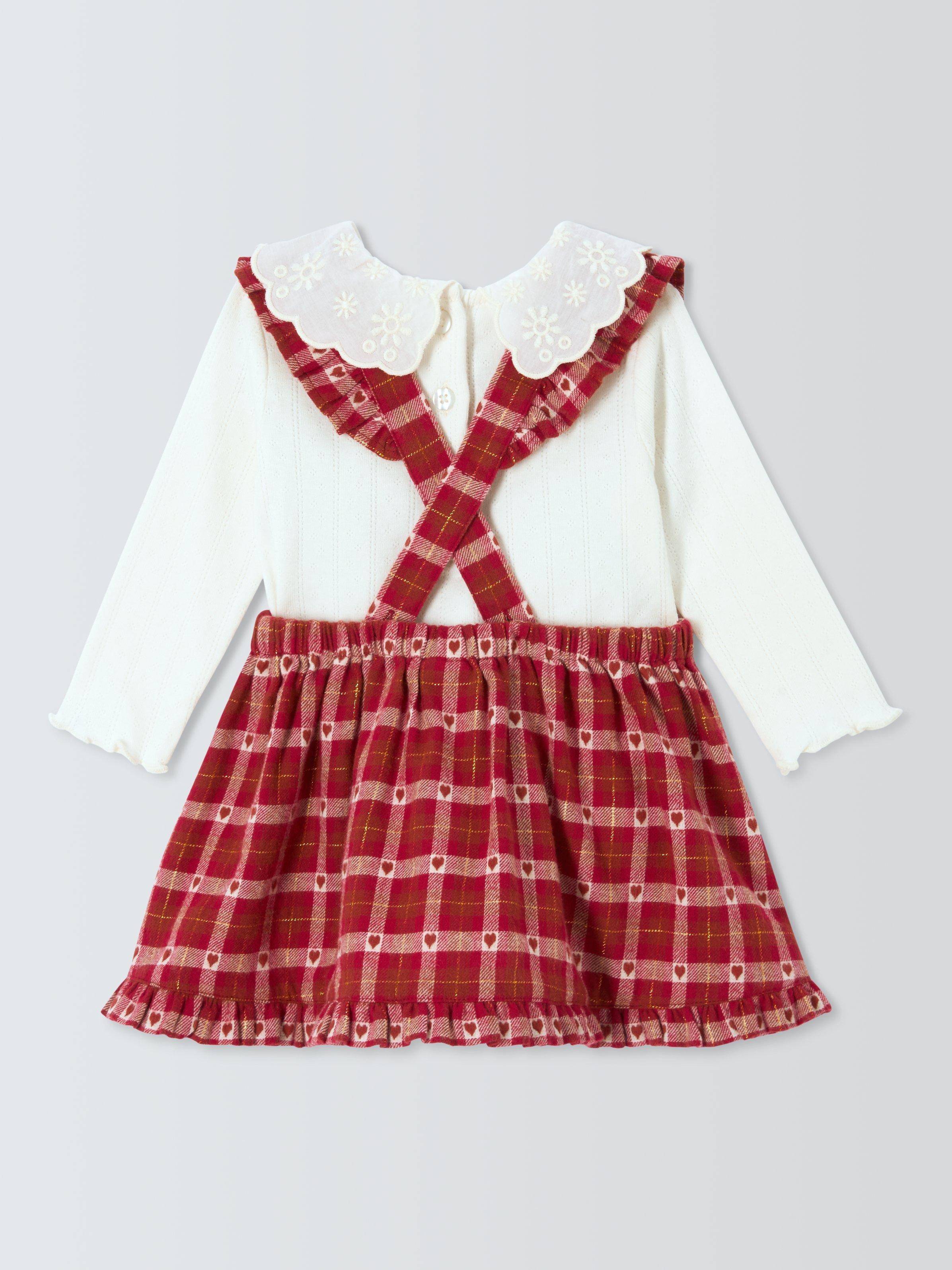 John Lewis Baby Check Heart Pinny Dress and Blouse Set, Red