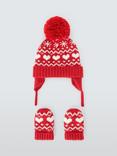 John Lewis Baby Fair Isle Heart Trapper Hat and Mittens Set, Red