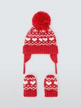 John Lewis Baby Fair Isle Heart Trapper Hat and Mittens Set, Red