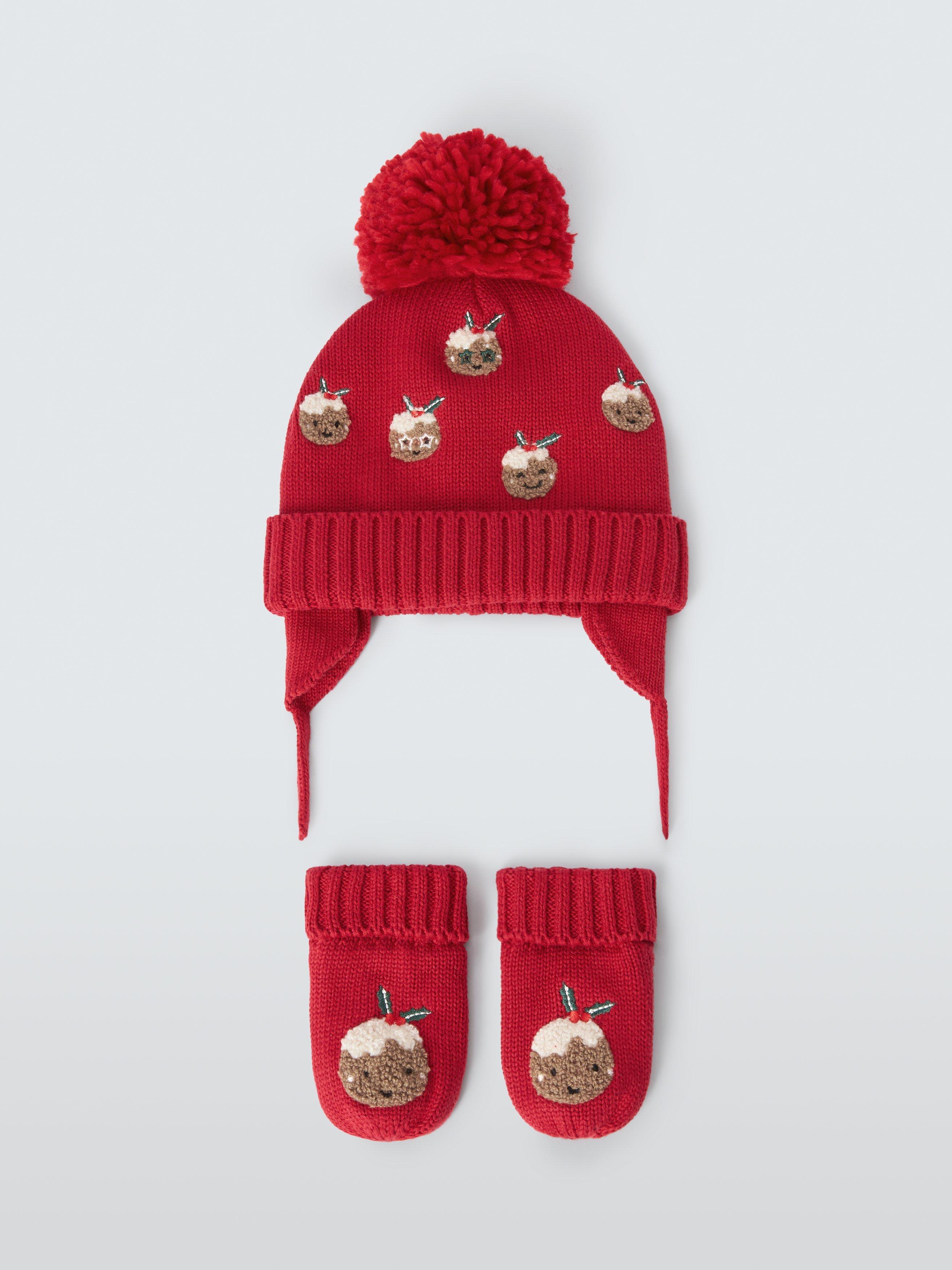John Lewis Baby Christmas Pudding Trapper Hat and Mittens Set Red