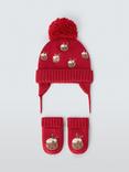 John Lewis Baby Christmas Pudding Trapper Hat and Mittens Set, Red