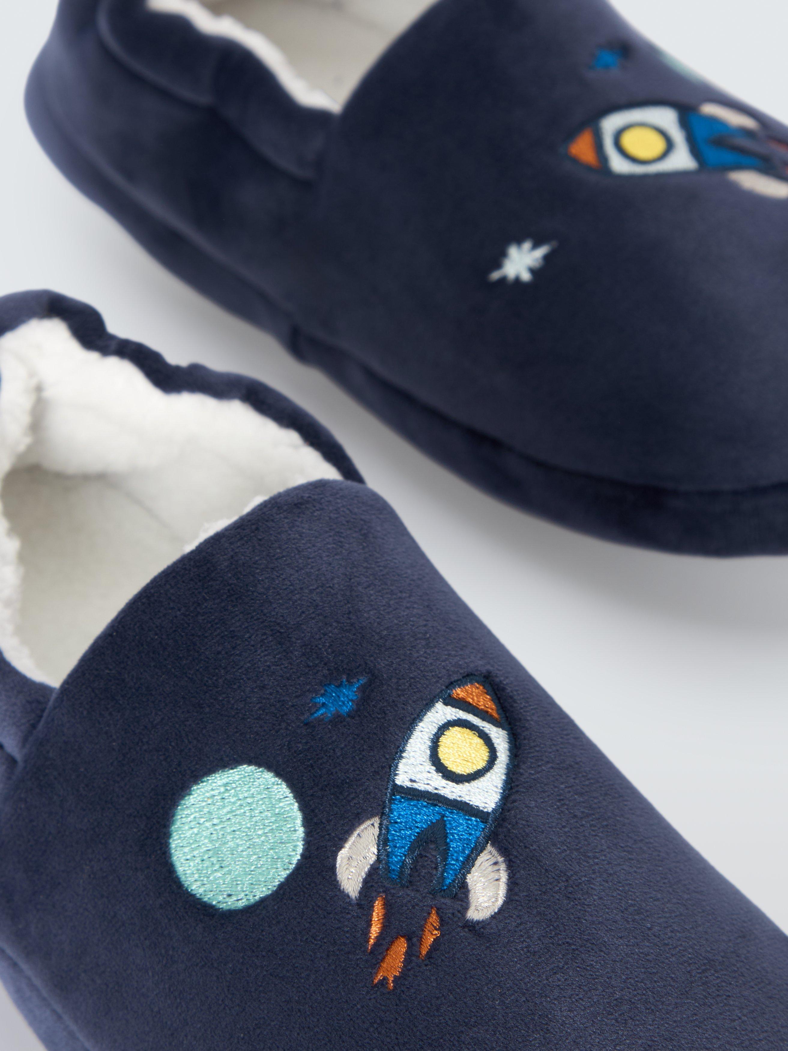 Product image 4 of 4, which shows John Lewis Kids' Space Embroidered Slippers, Navy, 6 Jnr