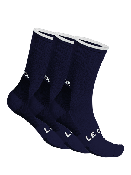 Le Col Cycling Socks, Pack of 3, Navy/White