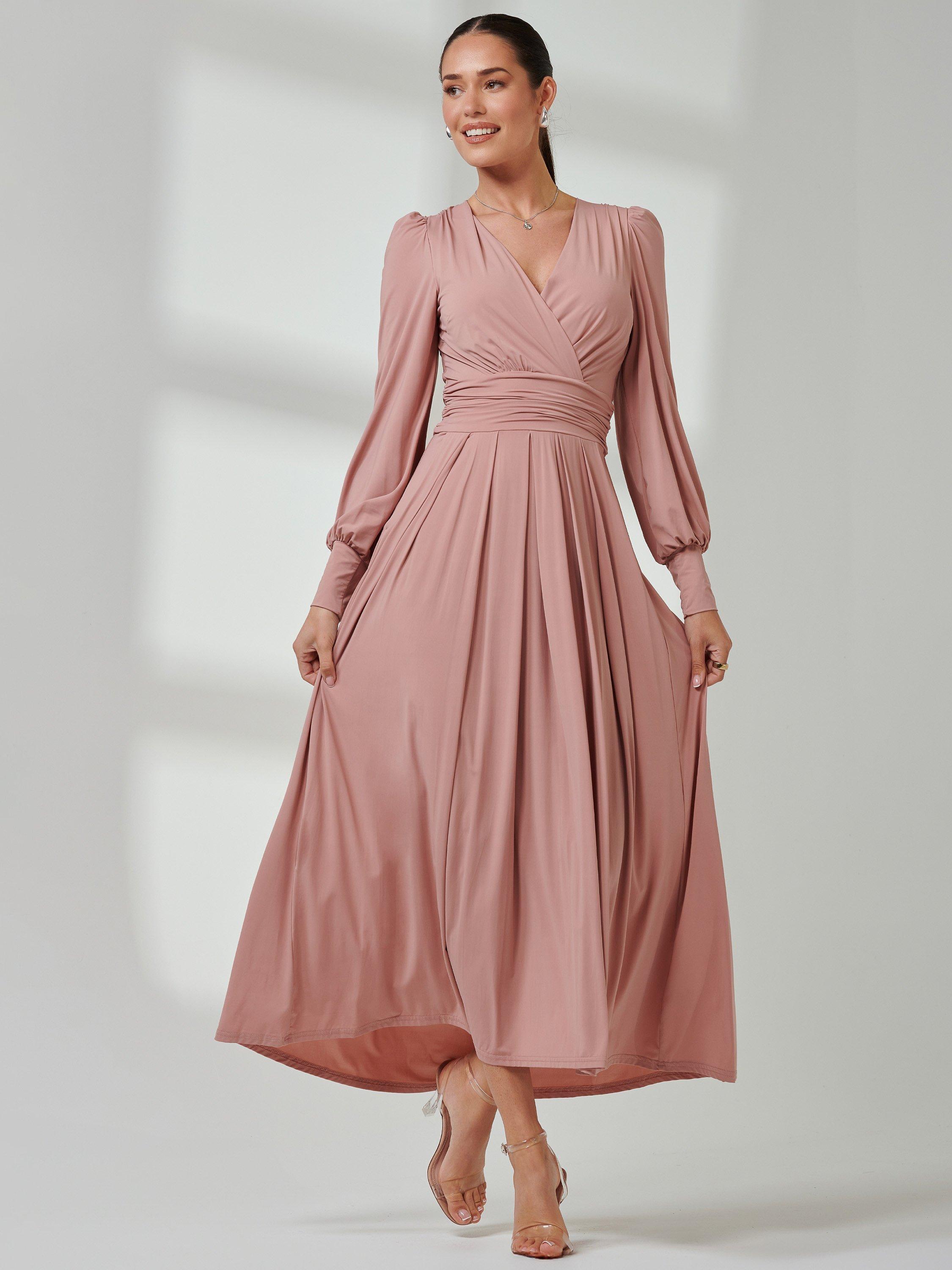 Jolie Moi Long Sleeve Soft Silky Jersey Maxi Dress Dusty Pink