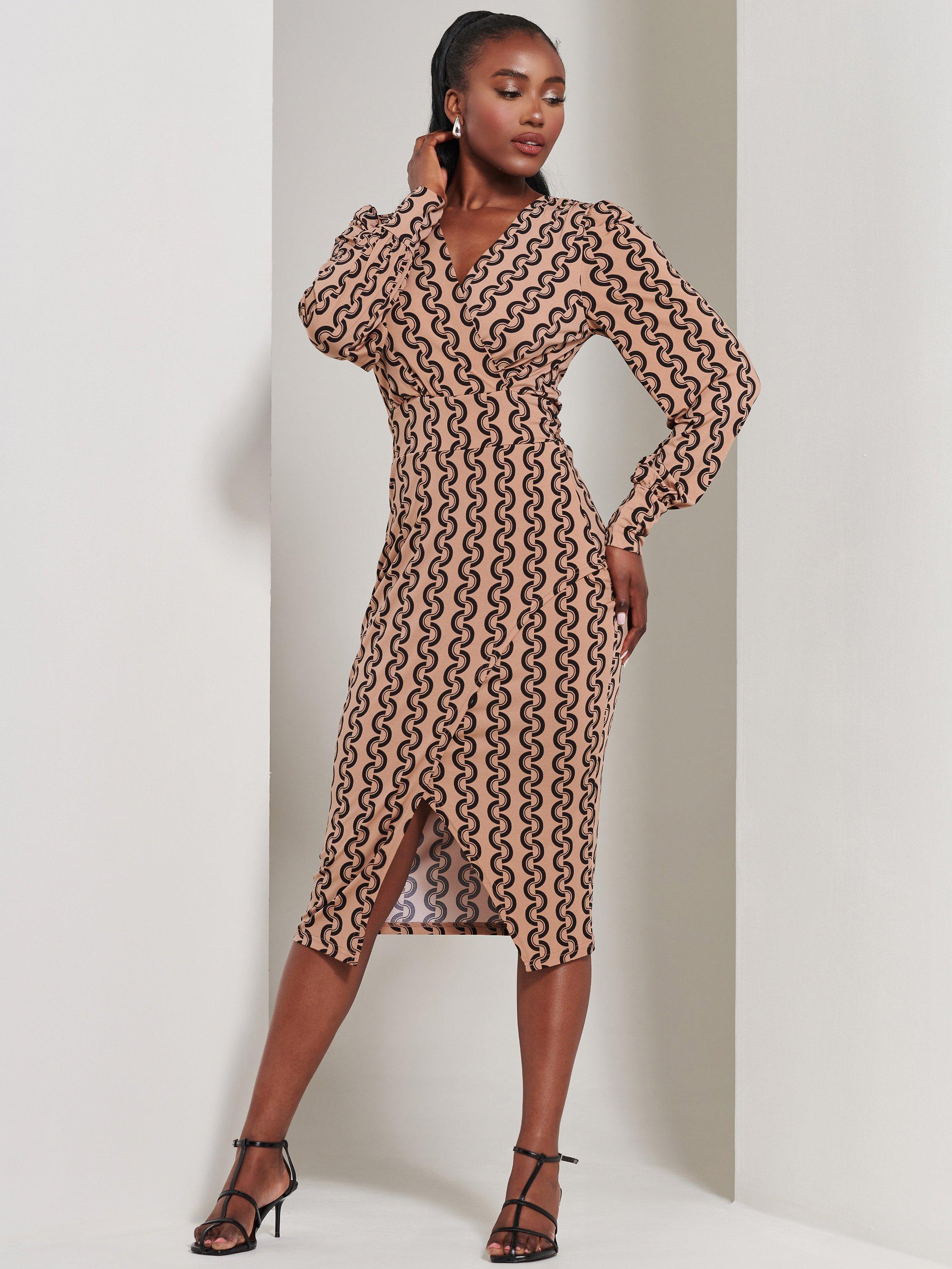 Jolie Moi Long Sleeve Jersey Pencil Dress, Black Geo