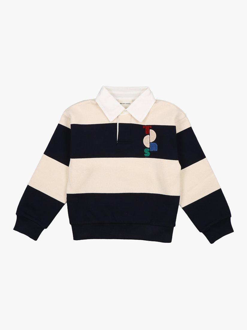 Product image 1 of 2, which shows The New Society Kids' Nila Cotton Stripe Polo Shirt, Navy, 12 years