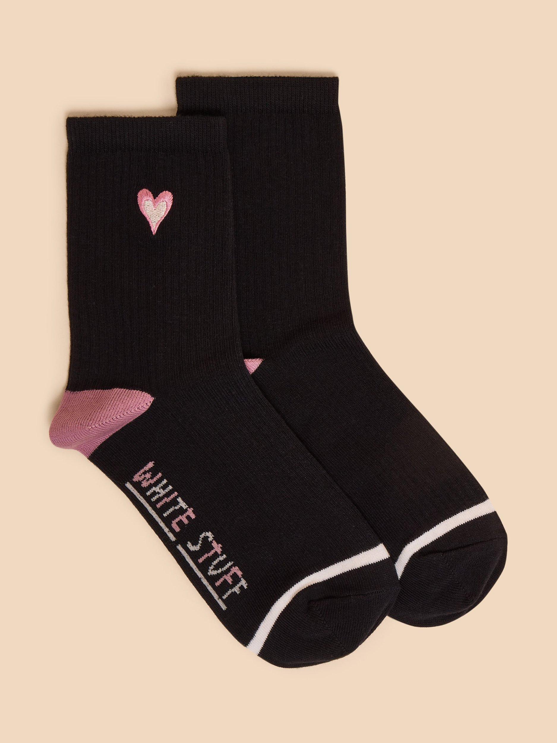 White Stuff Heart Embroidered Organic Cotton Mix Socks, Black