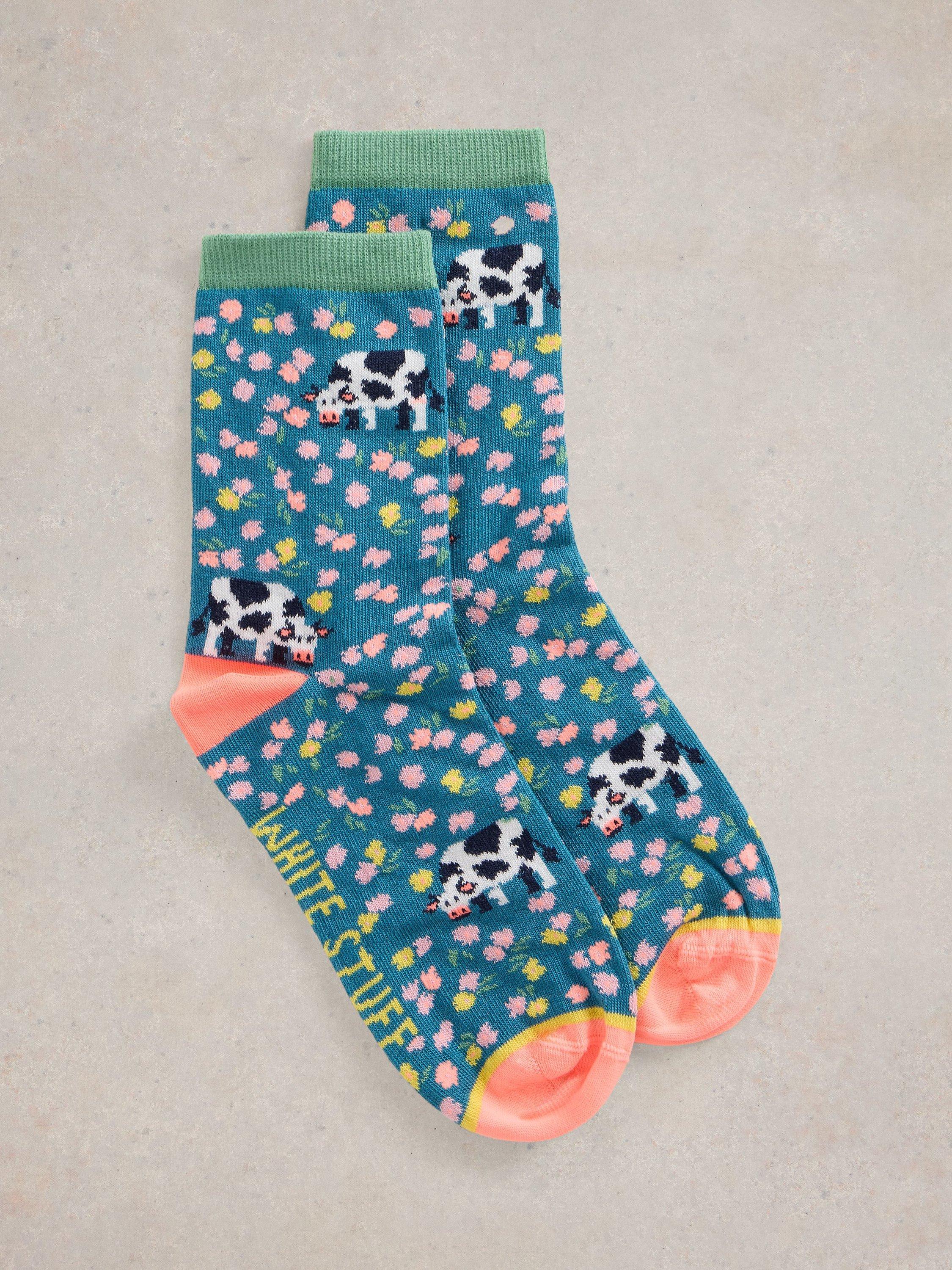Product image 1 of 2, which shows White Stuff Cow Print Sock, Multi, 3-5.5