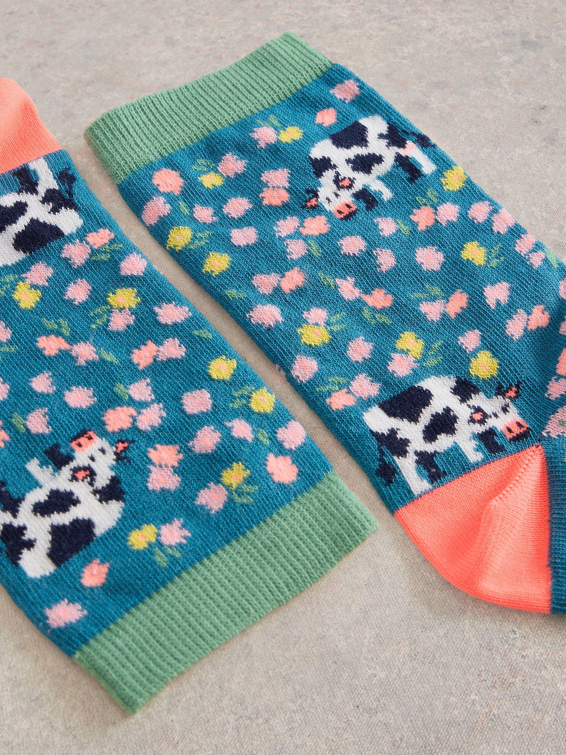 Product image 2 of 2, which shows White Stuff Cow Print Sock, Multi, 3-5.5
