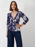 Crew Clothing Floral Wrap Top, Navy/White