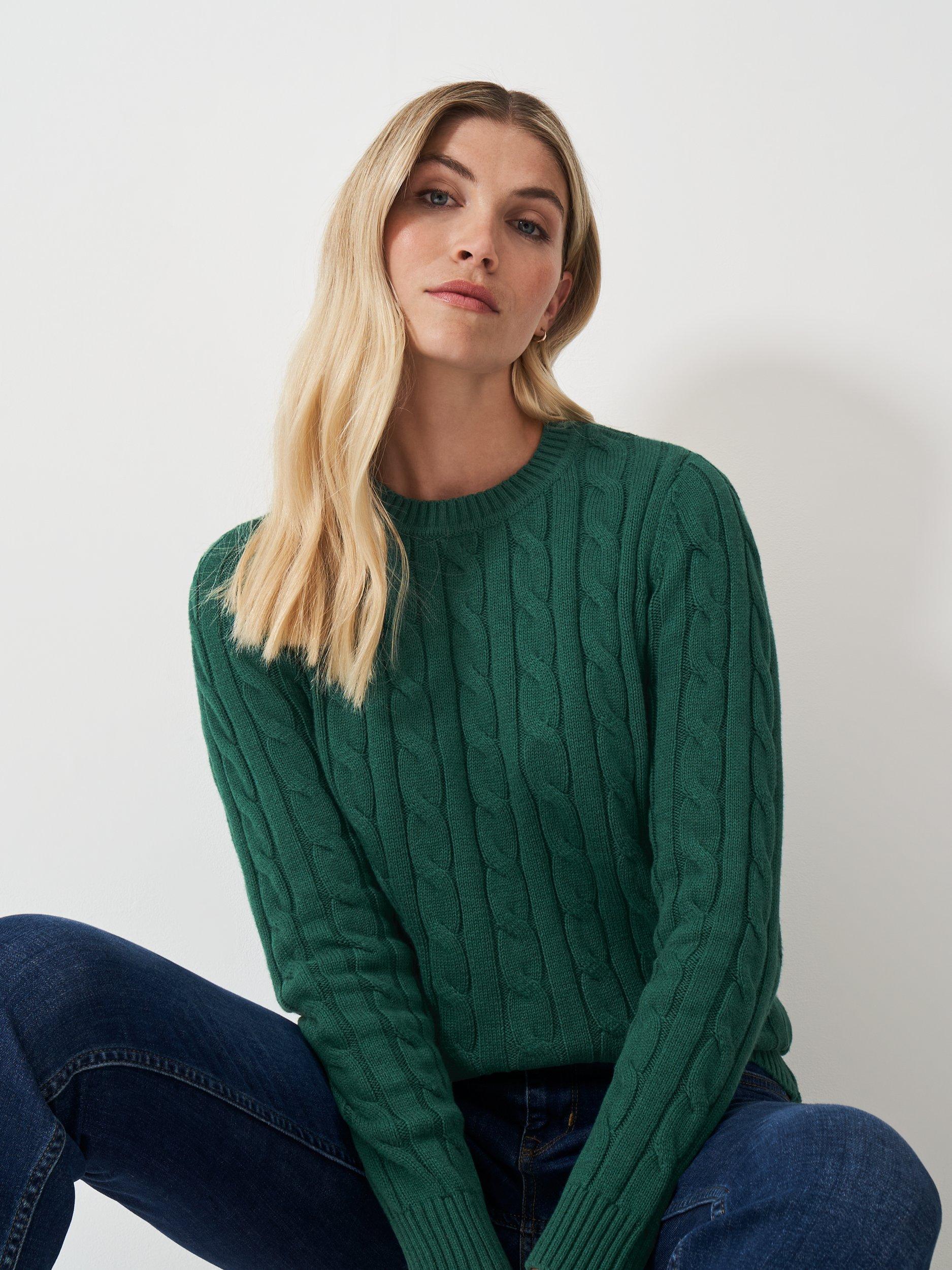 Crew Clothing Heritage Chunk Cable Knit Cashmere Blend Jumper Bottle Green