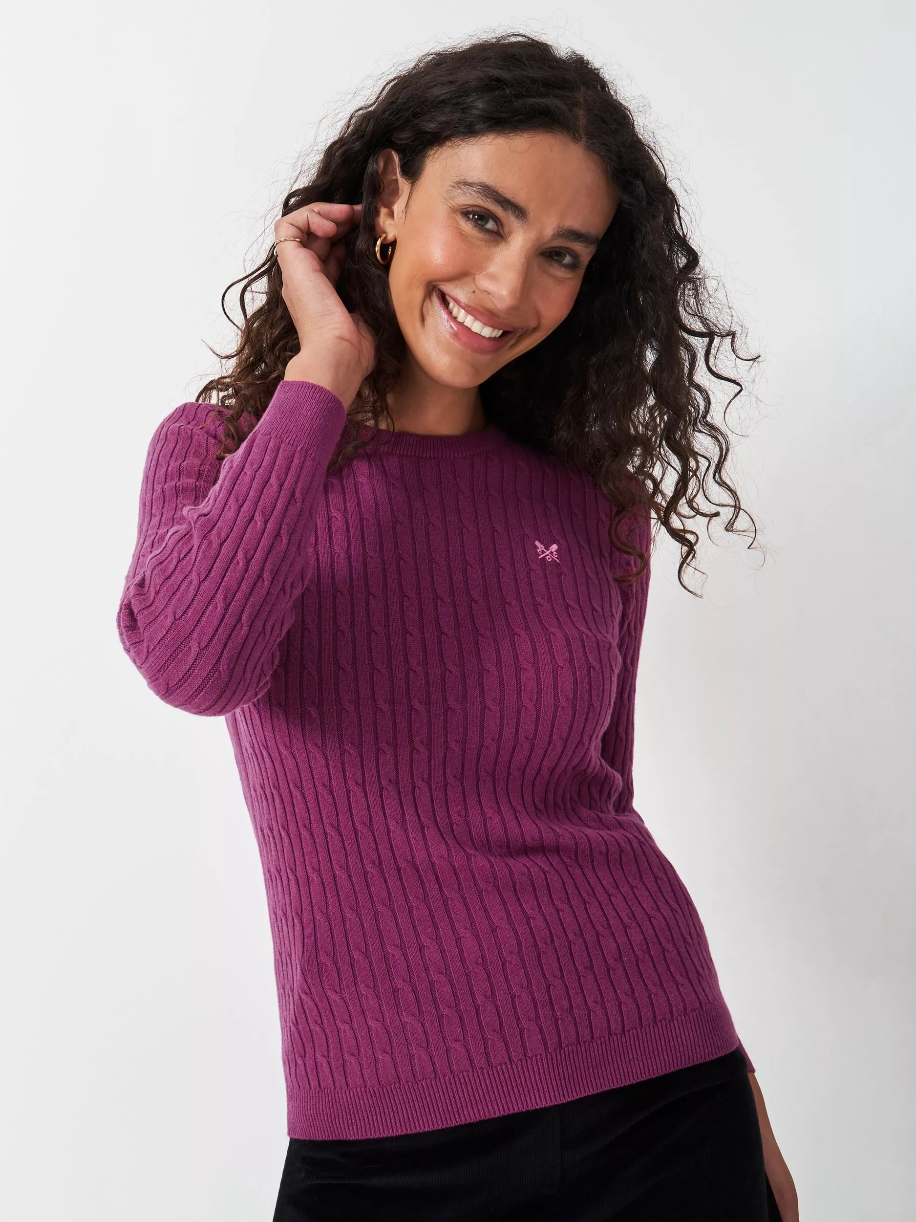 Crew Clothing Heritage Cable Knit Cashmere Blend Jumper Raspberry Pink