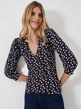 Crew Clothing Polka Dot Wrap Top, Navy/White