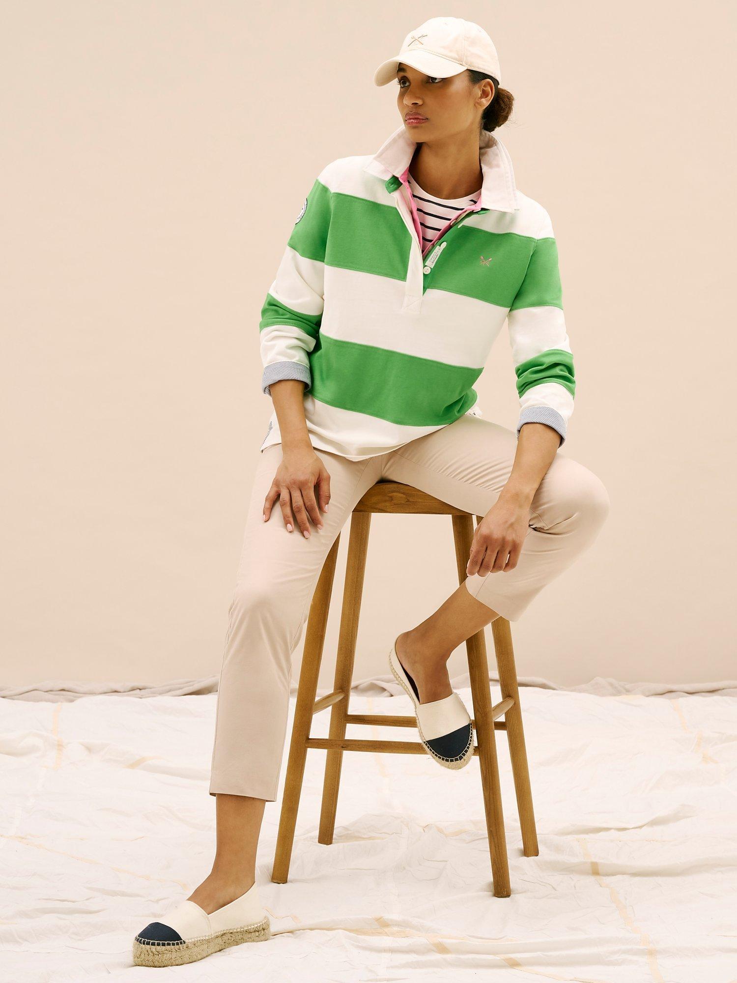 Product image 1 of 6, which shows Crew Clothing Long Sleeve Stripe Rugby Shirt, Bottle Green, 8