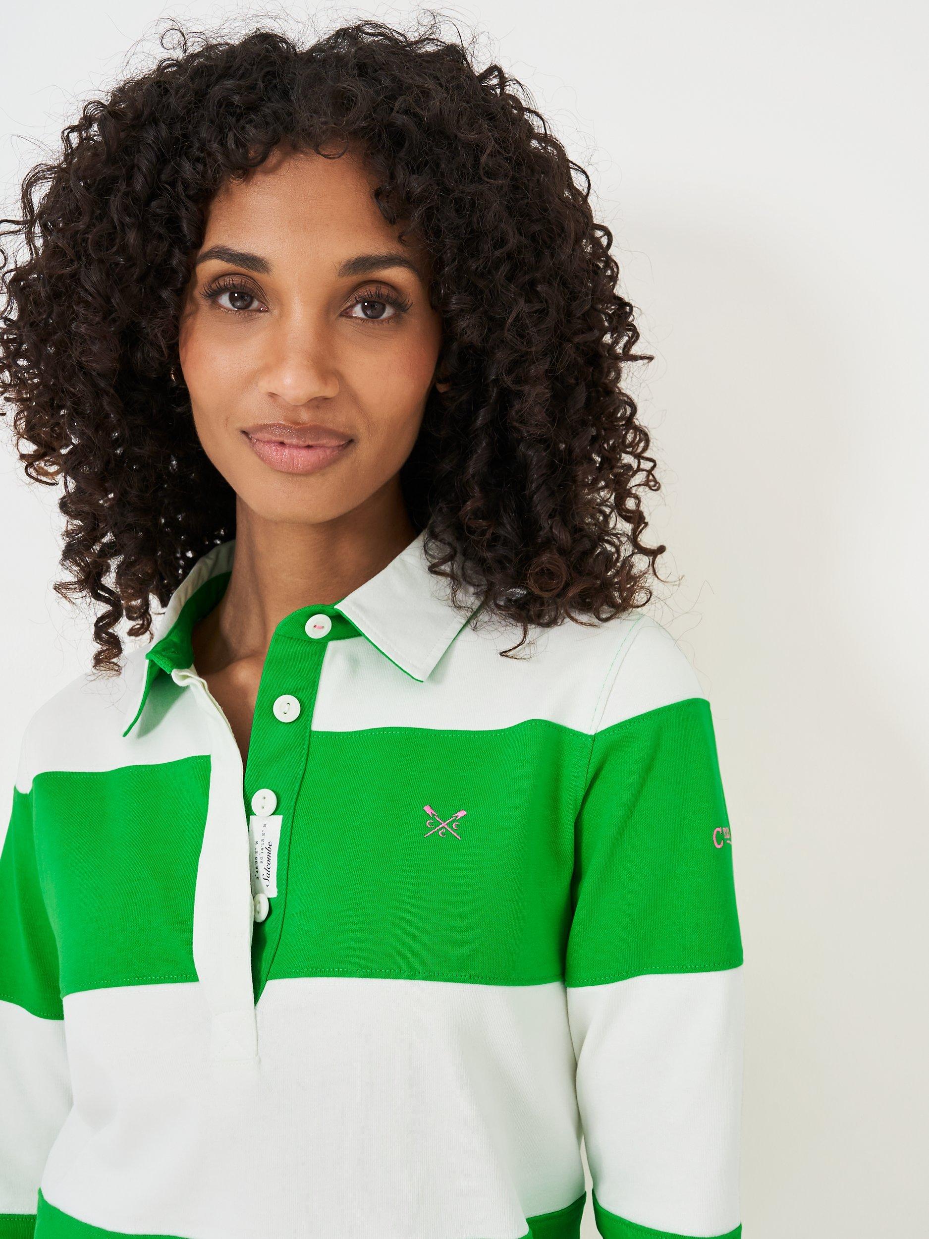 Product image 5 of 6, which shows Crew Clothing Long Sleeve Stripe Rugby Shirt, Bottle Green, 8