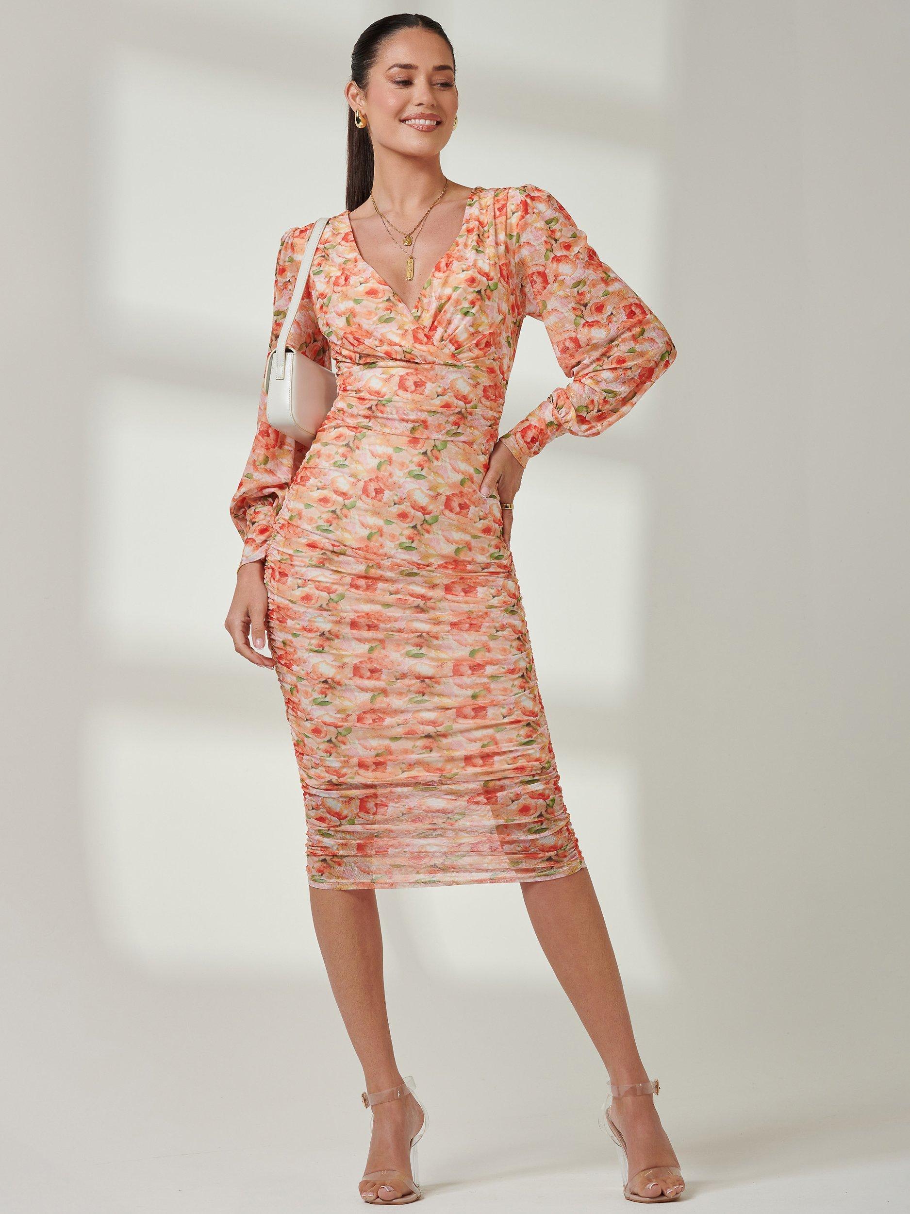 Jolie Moi Floral Ruched Mesh Midi Dress Orange Multi